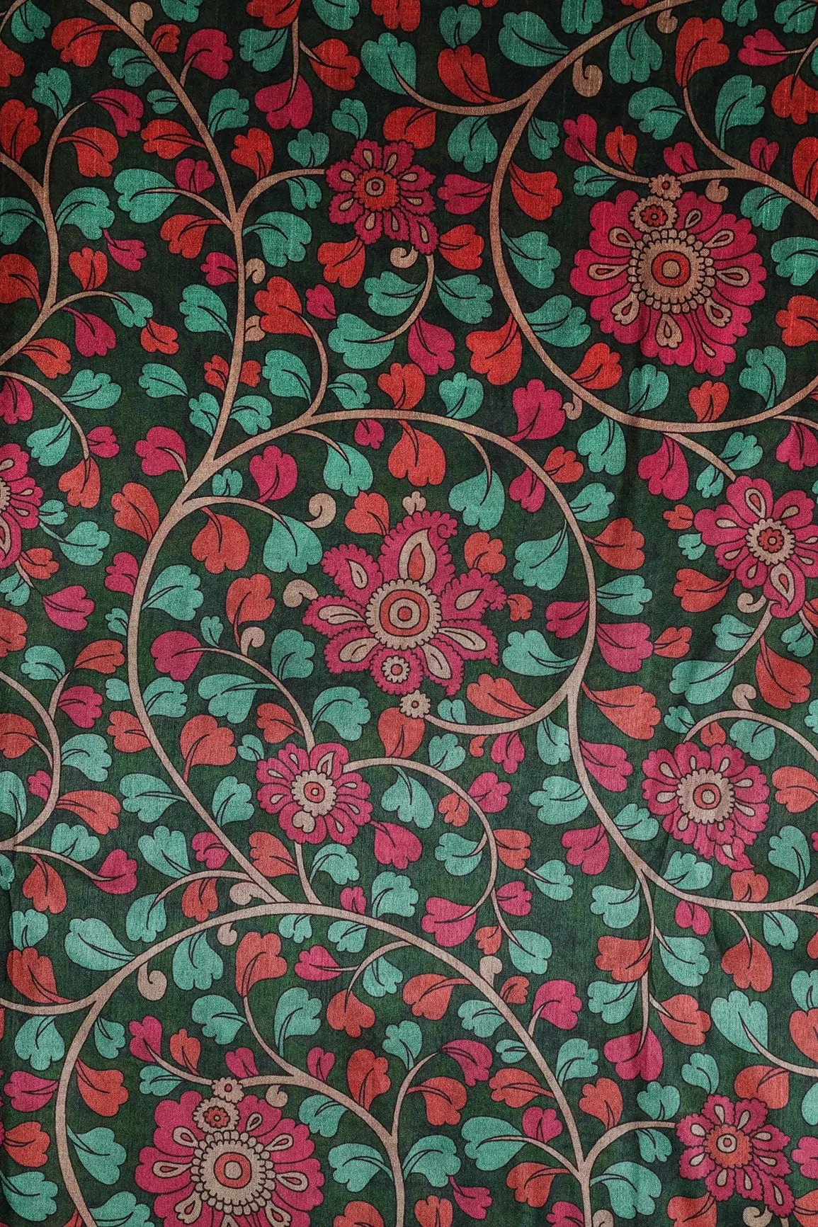 Bottle Green And Dark Pink Floral Pattern Digital Print On Mulberry Silk Fabric