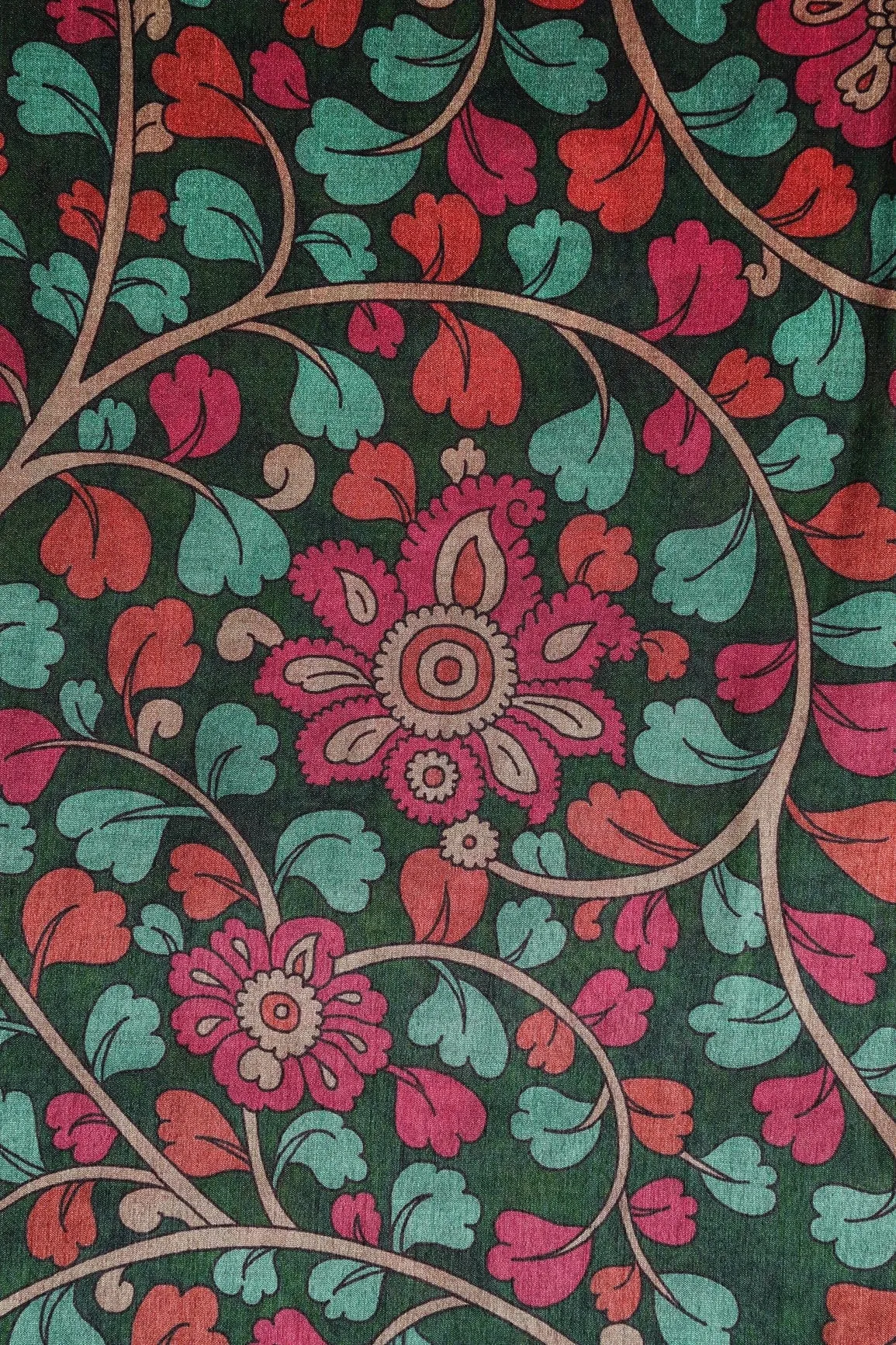 Bottle Green And Dark Pink Floral Pattern Digital Print On Mulberry Silk Fabric