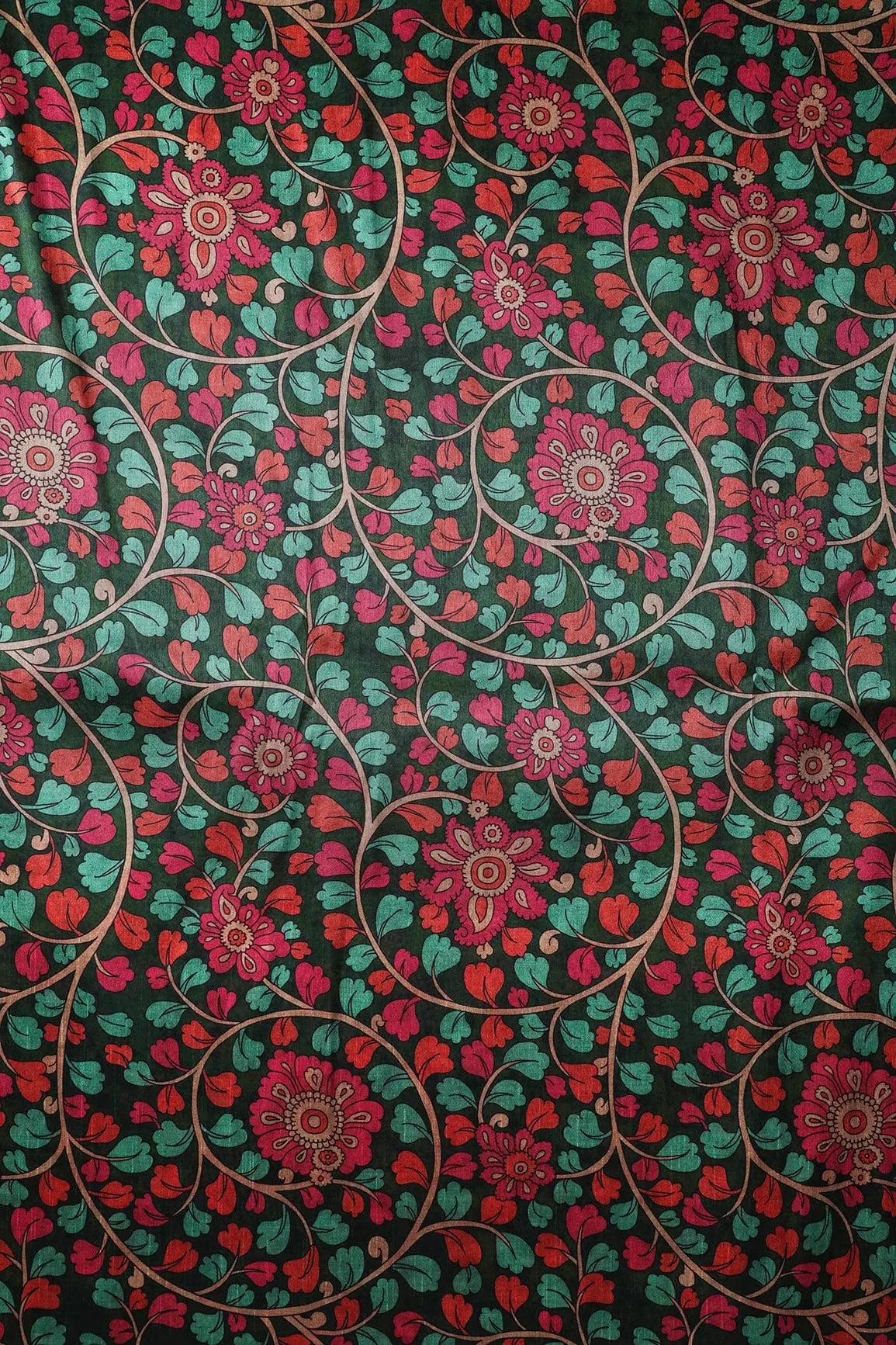 Bottle Green And Dark Pink Floral Pattern Digital Print On Mulberry Silk Fabric