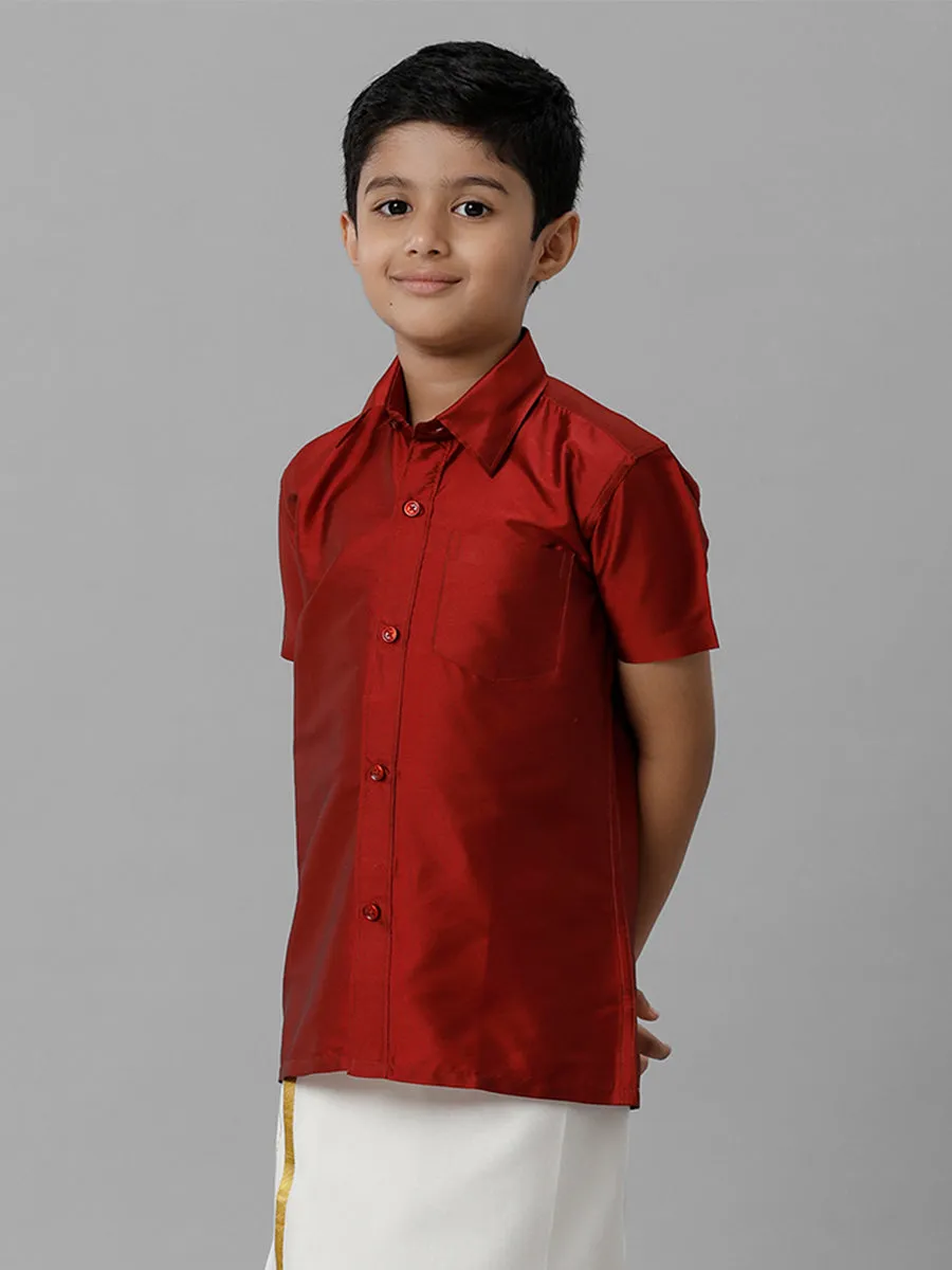 Boys Silk Cotton Maroon Half Sleeves Shirt K7