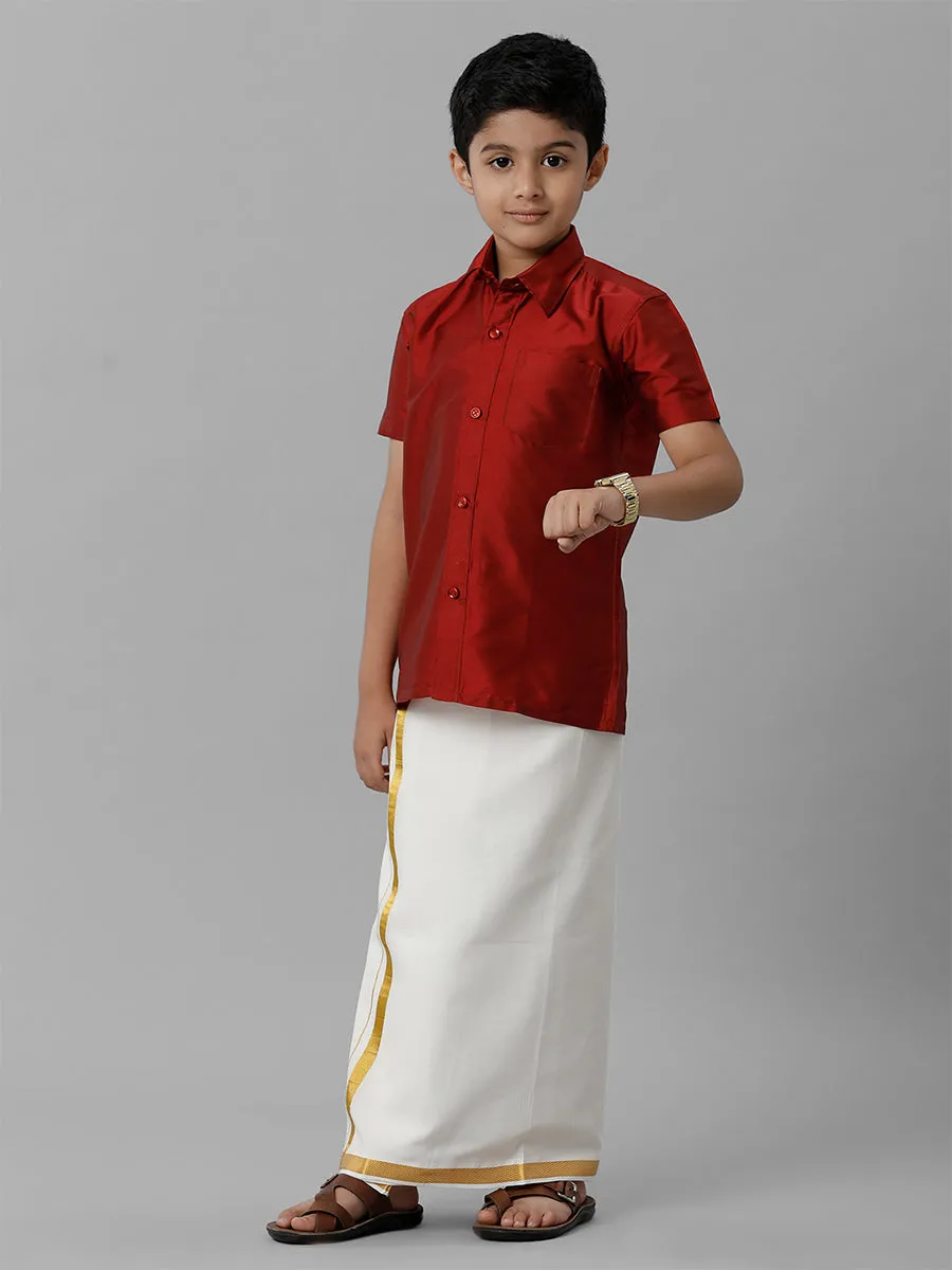 Boys Silk Cotton Maroon Half Sleeves Shirt K7