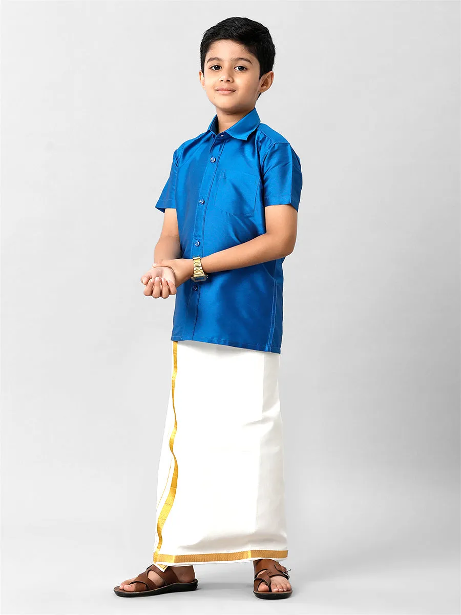 Boys Silk Cotton Royal Blue Half Sleeves Shirt K10