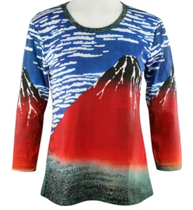 Breeke - Hokusai Mount Fuji, 3/4 Sleeve, Scoop Neck, Hand Silk Screened Top