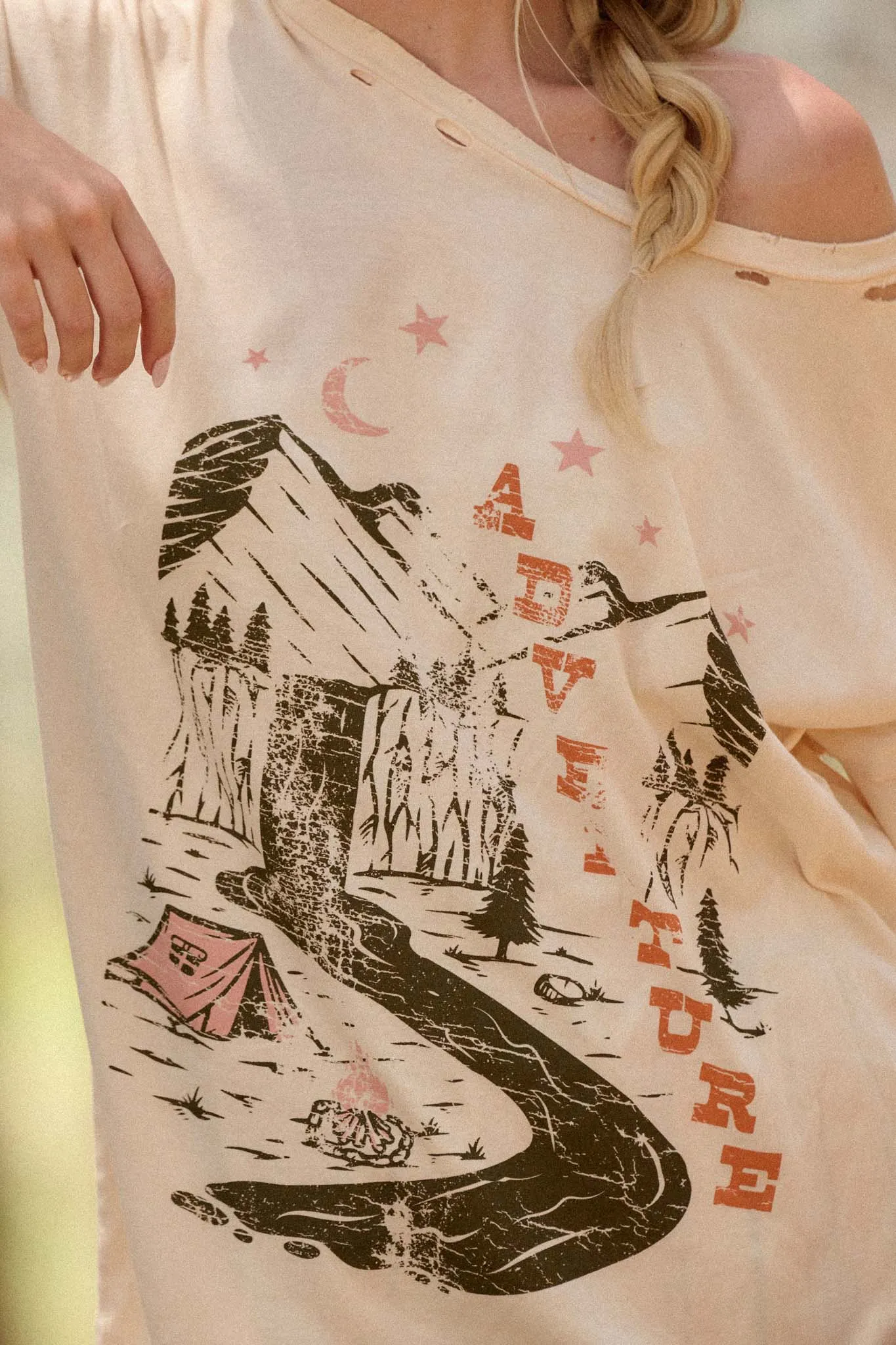 Camping Adventure Distressed Oversize Graphic Tee