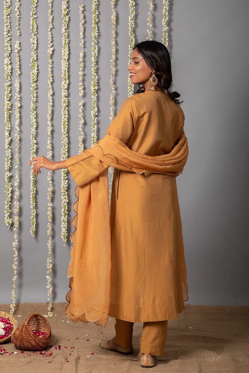 Chand Handcrafted Dull Gold Kurta Pant with Organza Silk Dupatta - Set of 3