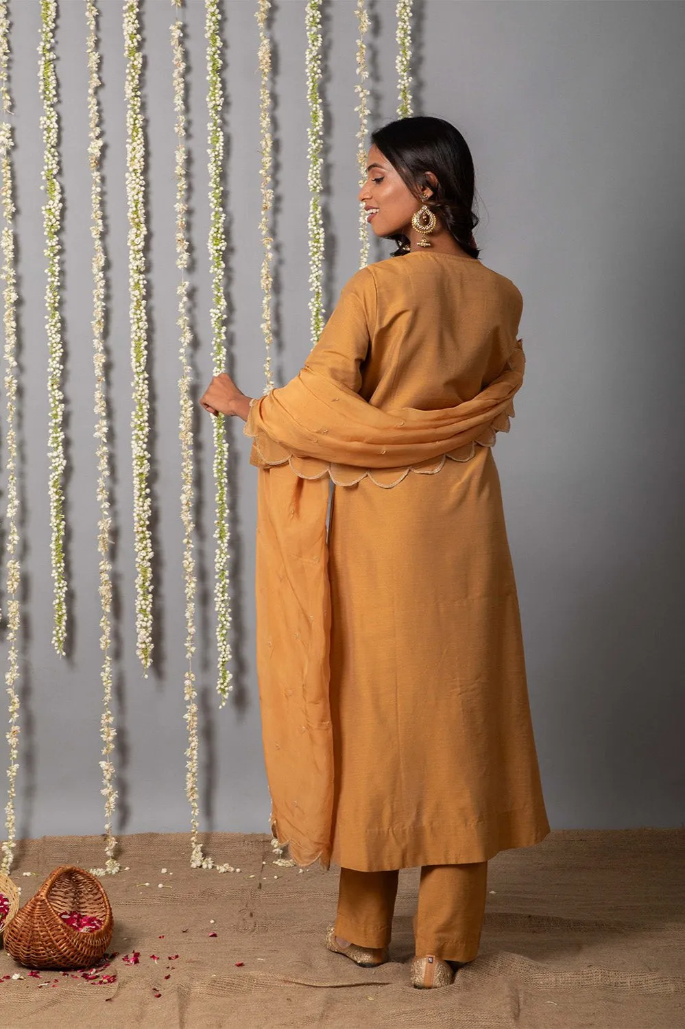 Chand Handcrafted Dull Gold Kurta Pant with Organza Silk Dupatta - Set of 3