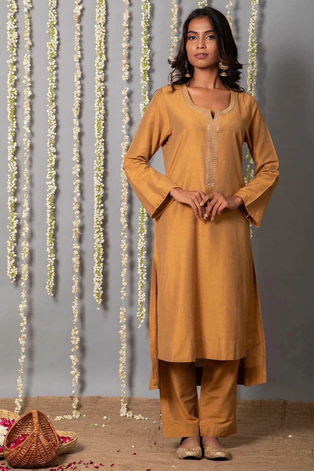 Chand Handcrafted Dull Gold Kurta Pant with Organza Silk Dupatta - Set of 3