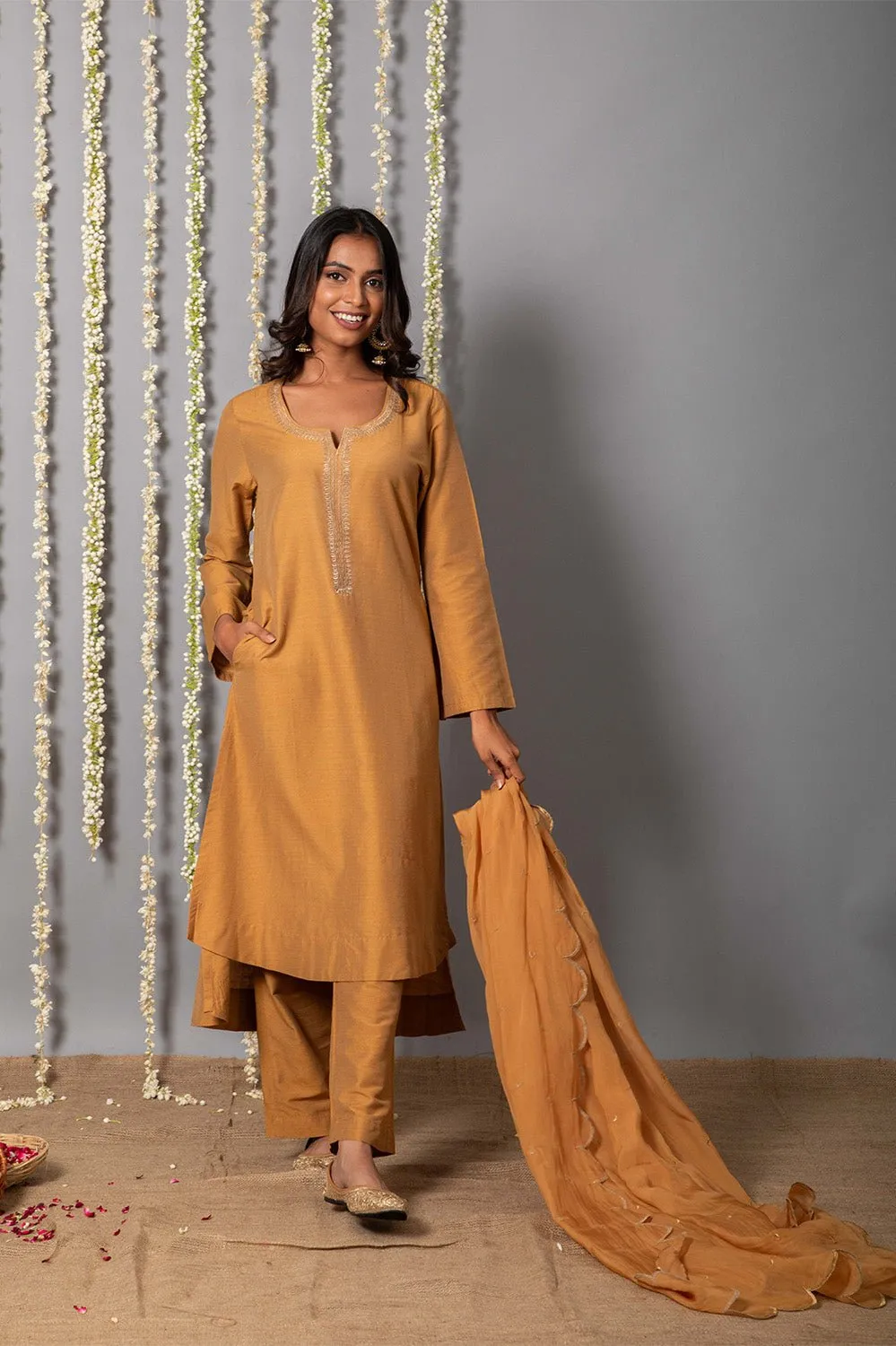 Chand Handcrafted Dull Gold Kurta Pant with Organza Silk Dupatta - Set of 3