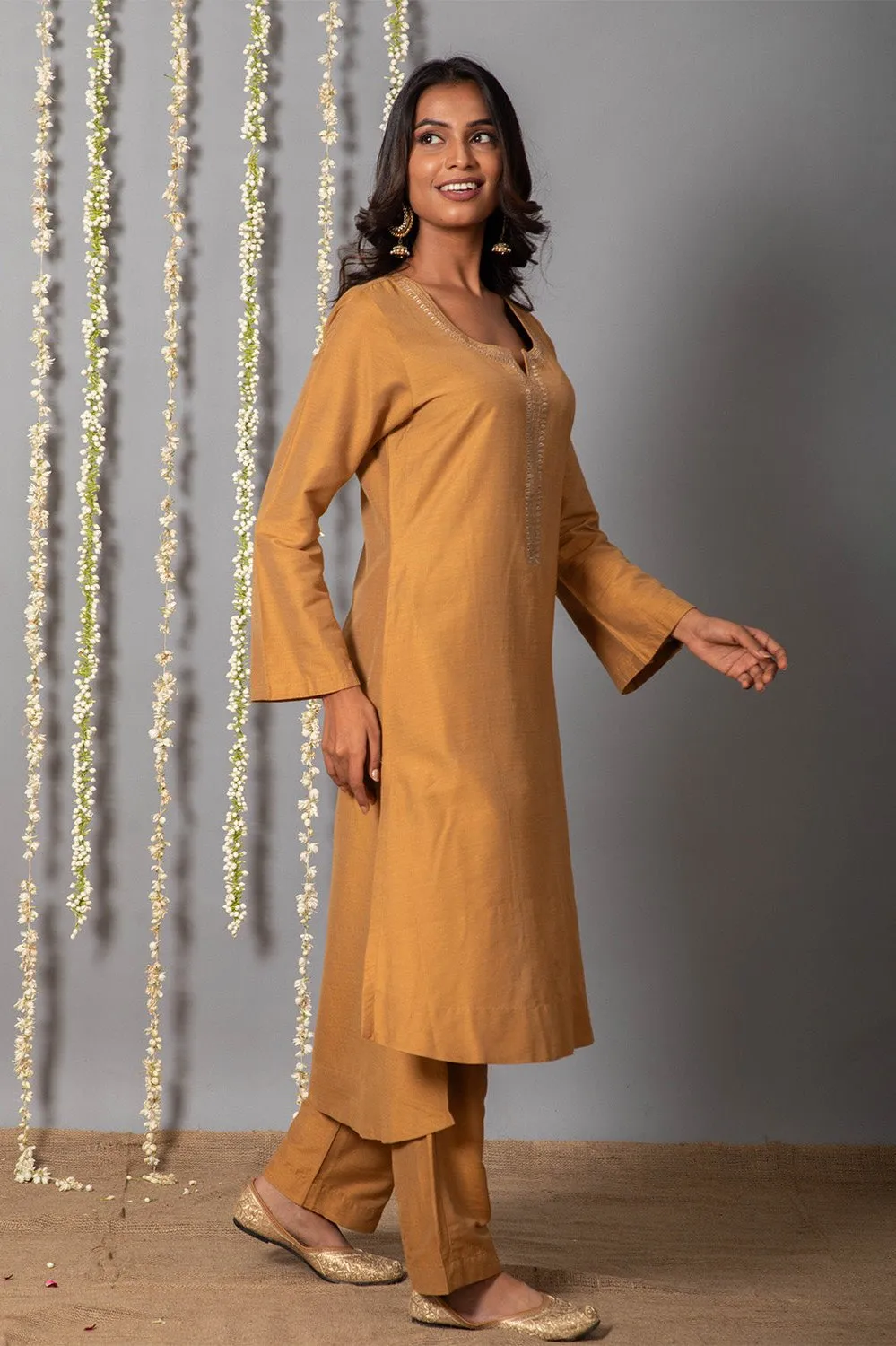 Chand Handcrafted Dull Gold Kurta Pant with Organza Silk Dupatta - Set of 3