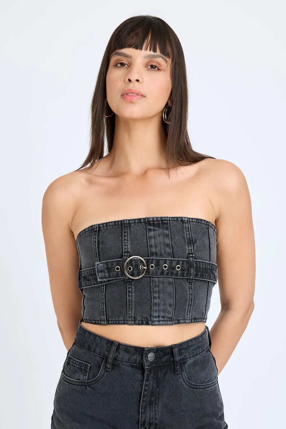 Charcoal Belted Tube Denim Top