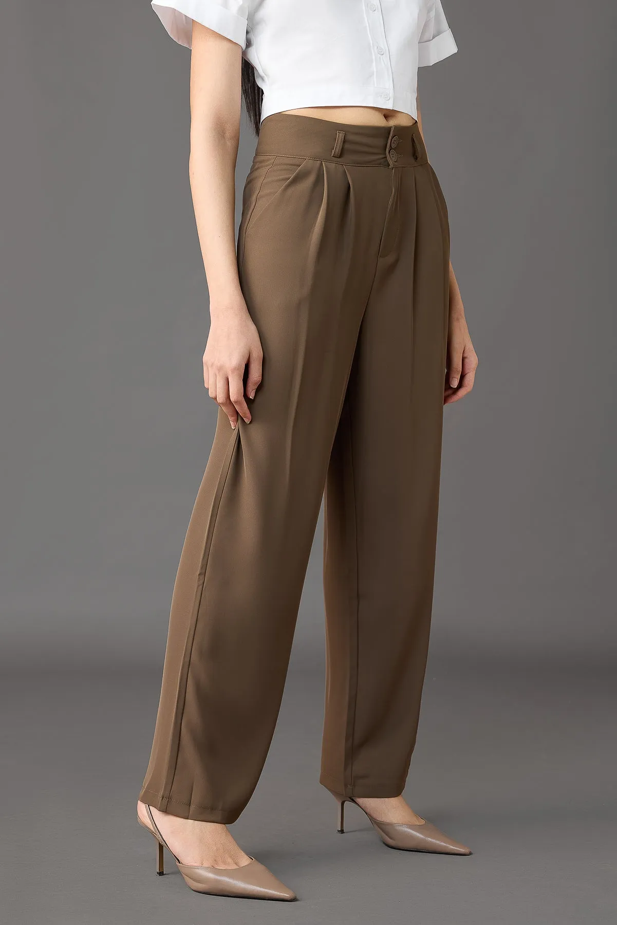 Classic Pleated Wide Leg Korean Pants - Olive Brown