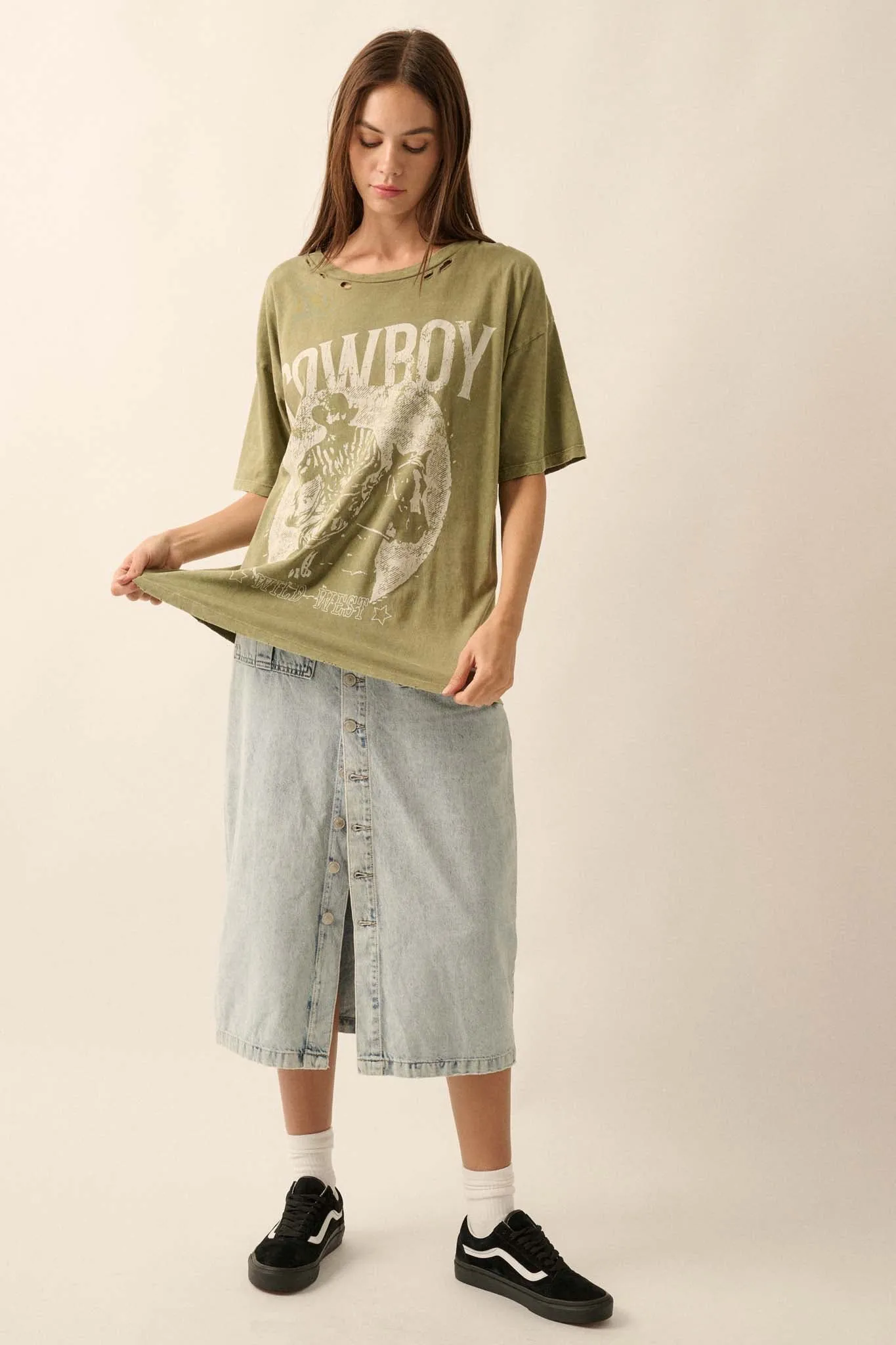 Cowboy Wild West Distressed Oversize Graphic Tee