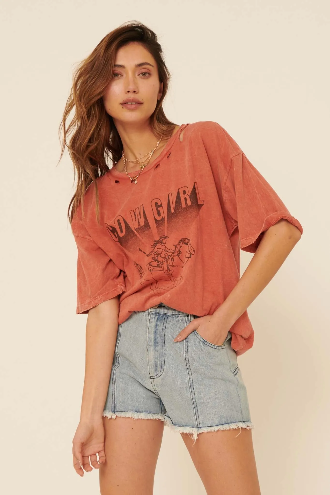 Cowgirl Distressed Oversize Graphic Tee