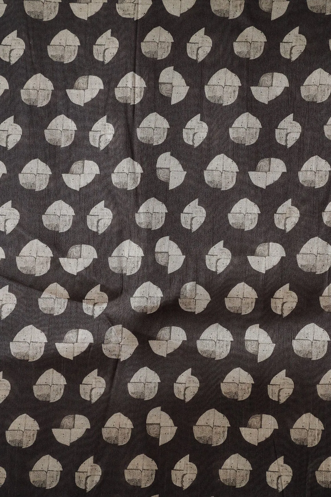 Cream Geometric Digital Print On Black Tussar Silk Fabric