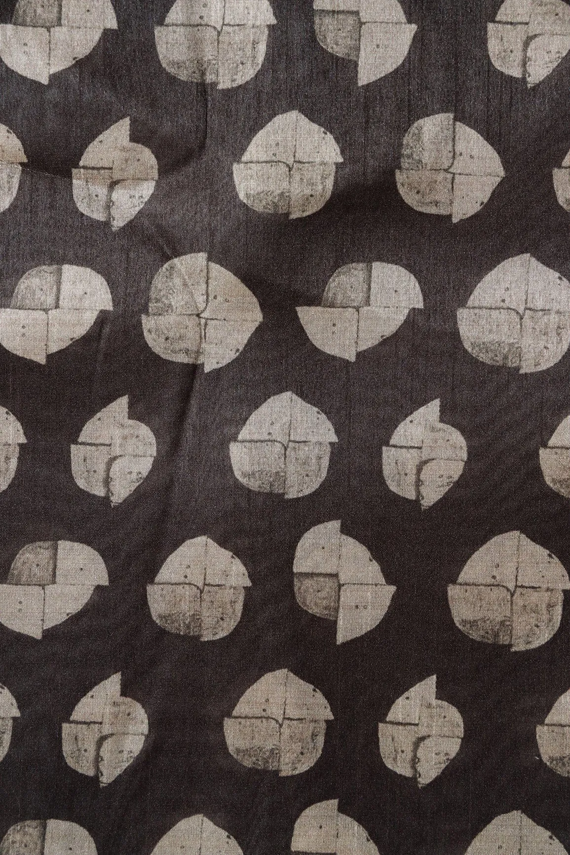 Cream Geometric Digital Print On Black Tussar Silk Fabric