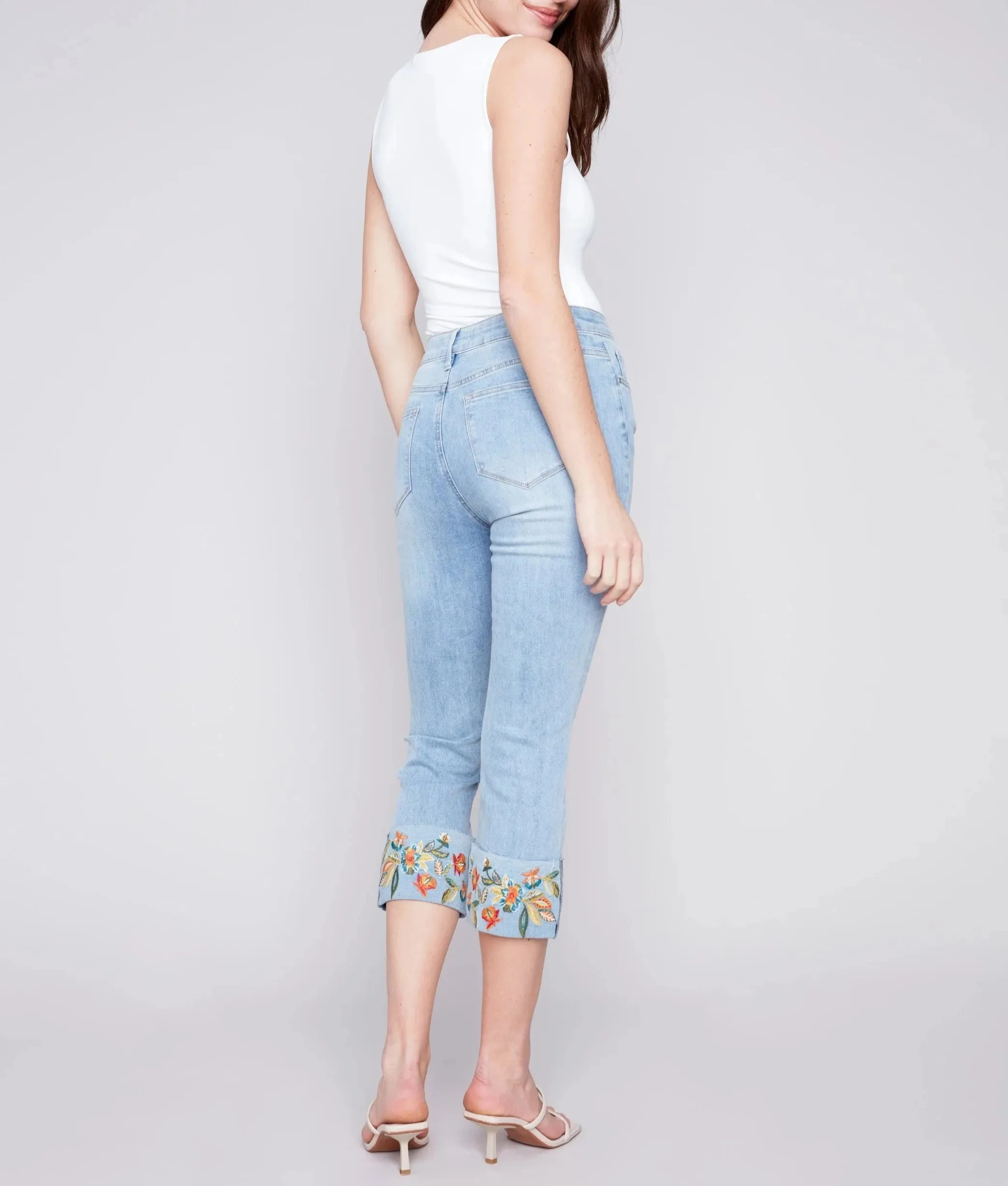 Cropped Jeans with Embroidered Cuff