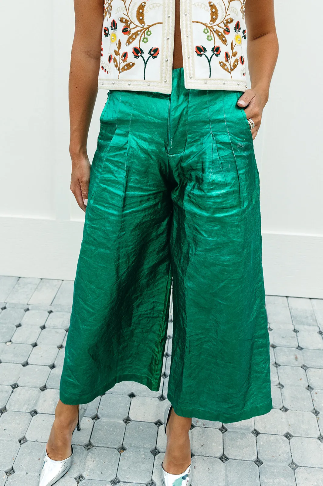 Culotte Linen Pants - Metallic Emerald Green