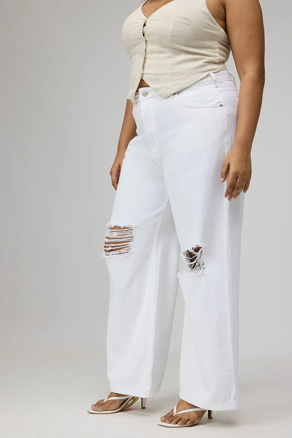 Curve Glacial White Ripped Wide-Leg Jeans