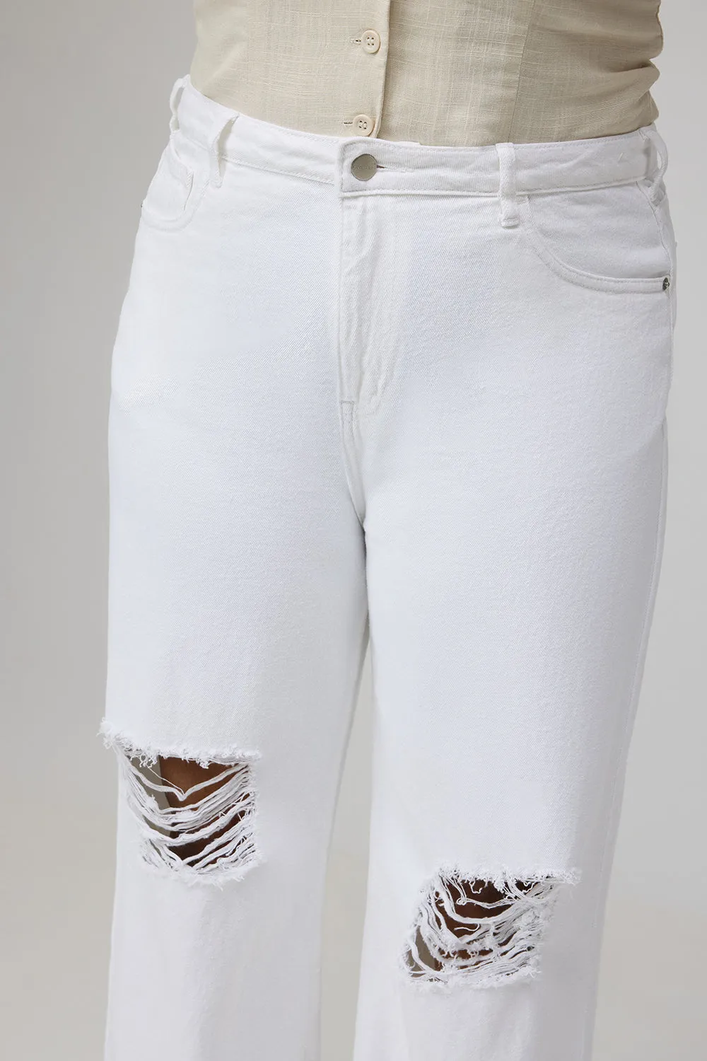 Curve Glacial White Ripped Wide-Leg Jeans