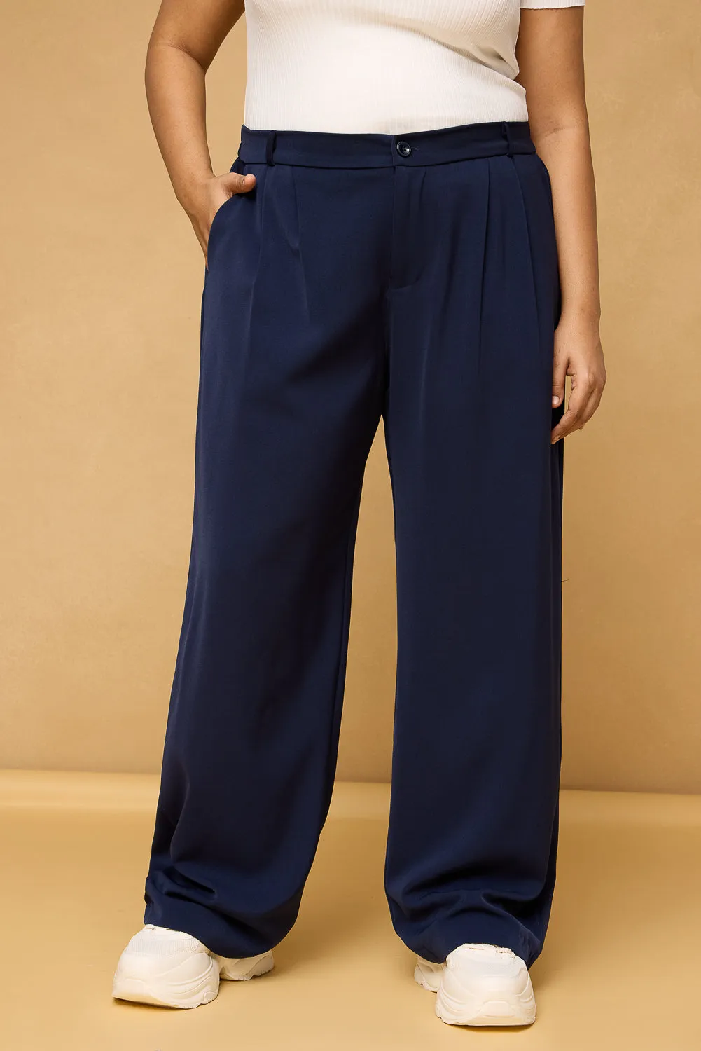 Curve Navy Blue Pleated Korean Pants