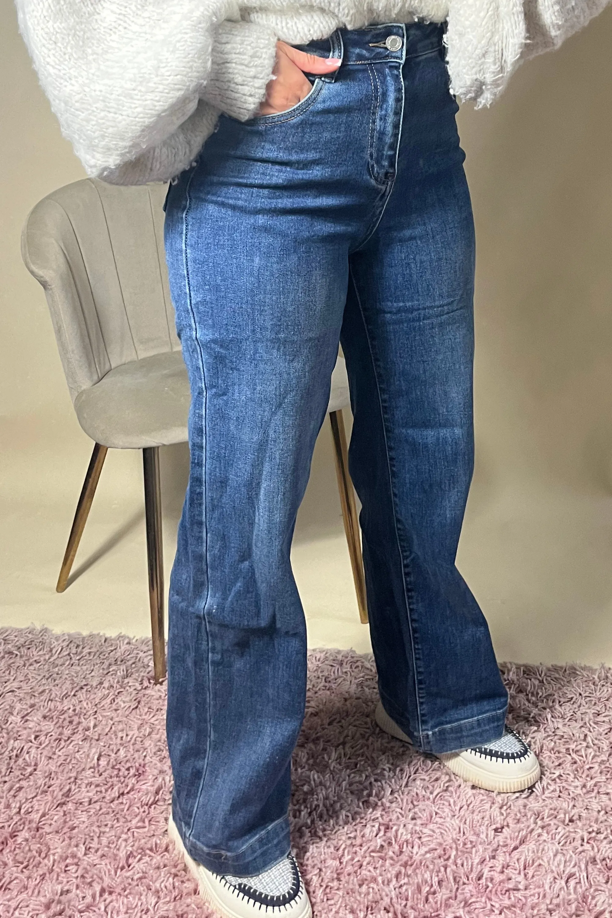 Dark denim full length straight leg jeans