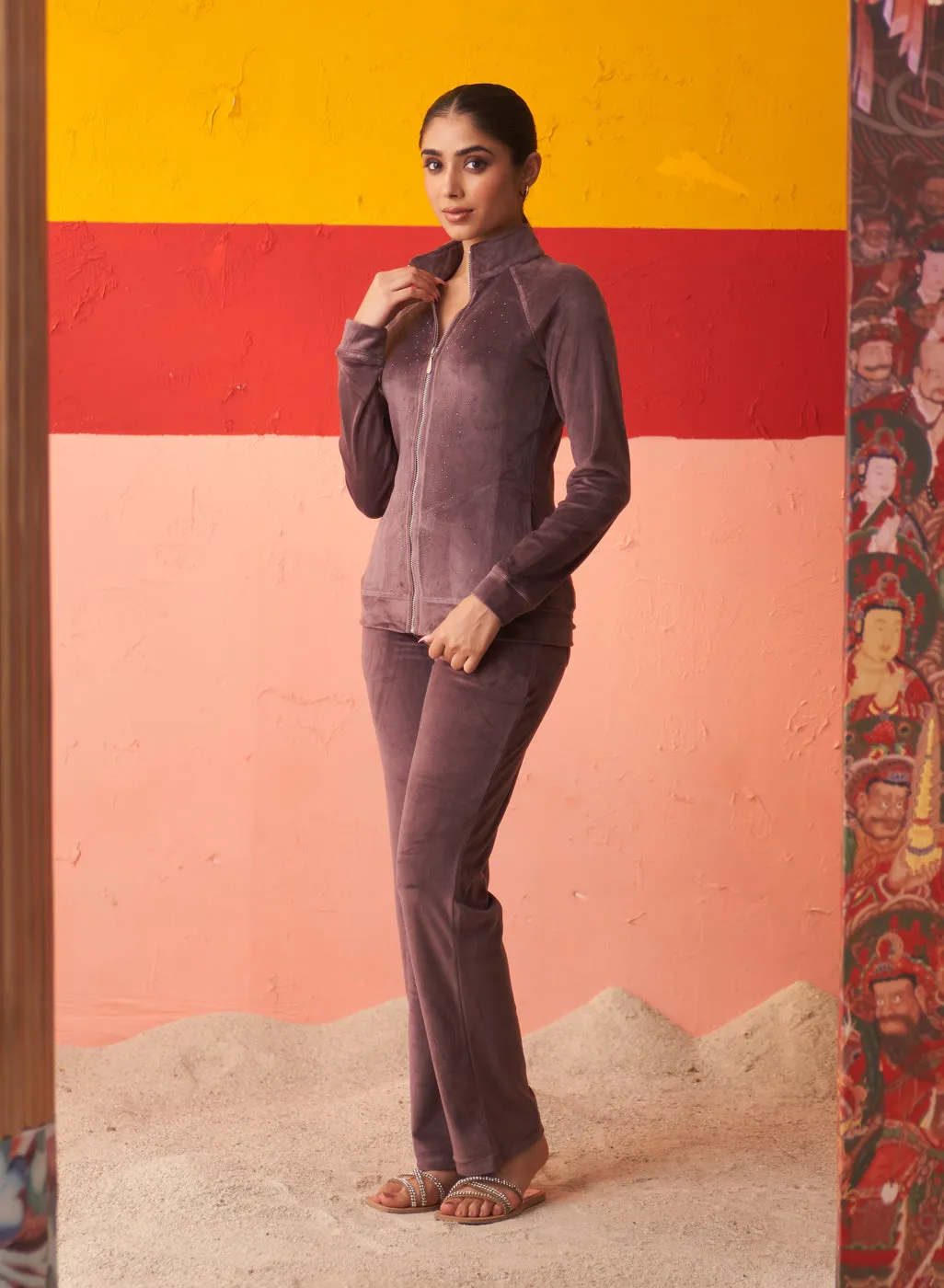 Dark Purple Velvet Track Suit with Stone Work