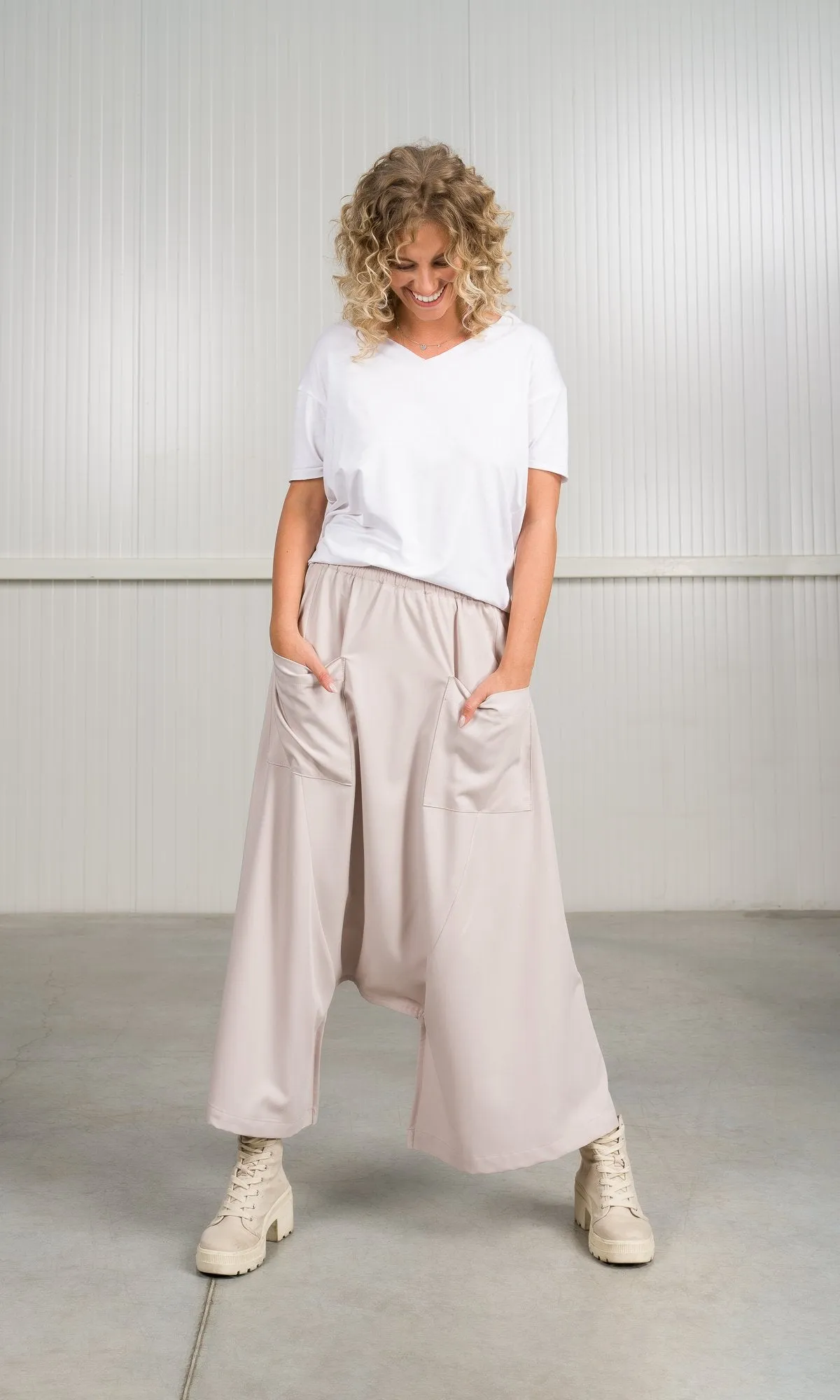 Deep Drop Crotch Pants with Wide Legs