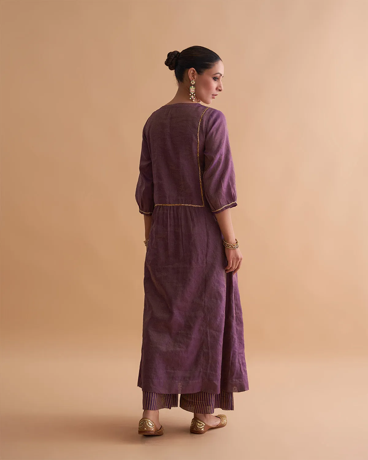 Deep Purple Silk Tissue Chanderi Ensemble with Handwork & Odhani