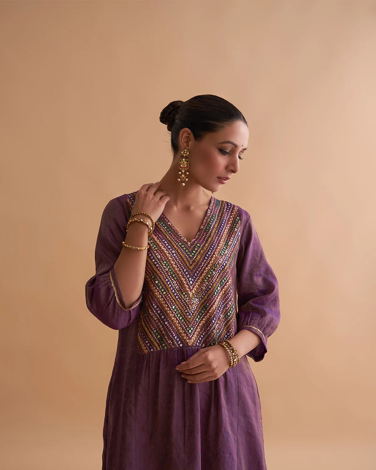 Deep Purple Silk Tissue Chanderi Ensemble with Handwork & Odhani