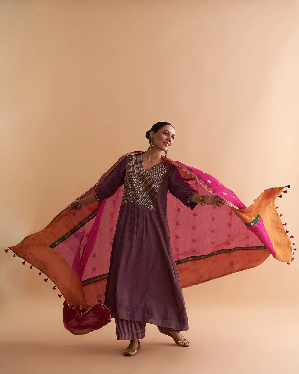 Deep Purple Silk Tissue Chanderi Ensemble with Handwork & Odhani