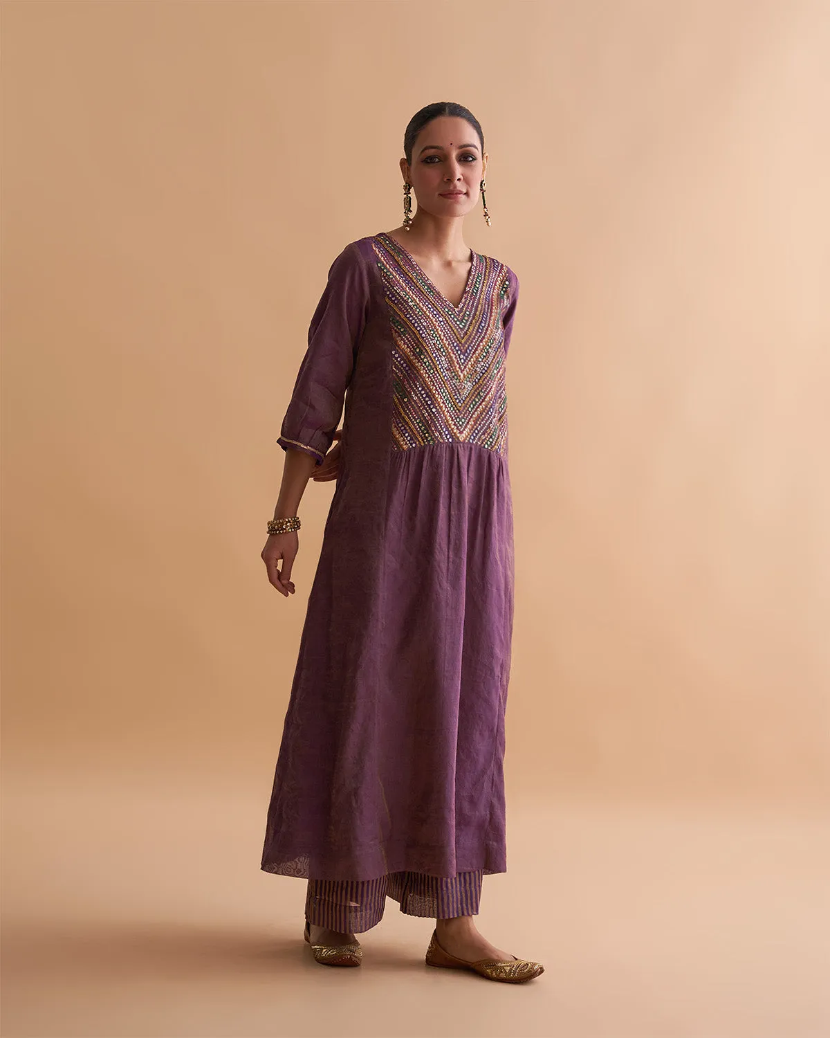 Deep Purple Silk Tissue Chanderi Ensemble with Handwork & Odhani