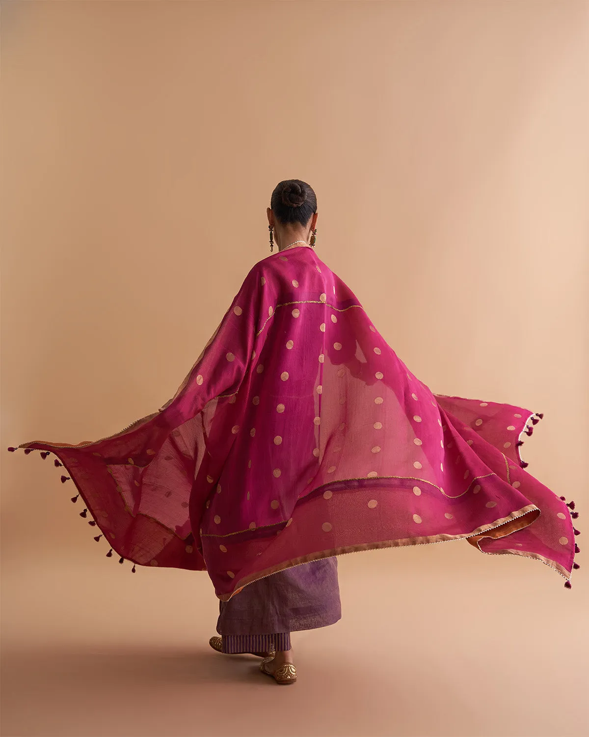 Deep Purple Silk Tissue Chanderi Ensemble with Handwork & Odhani