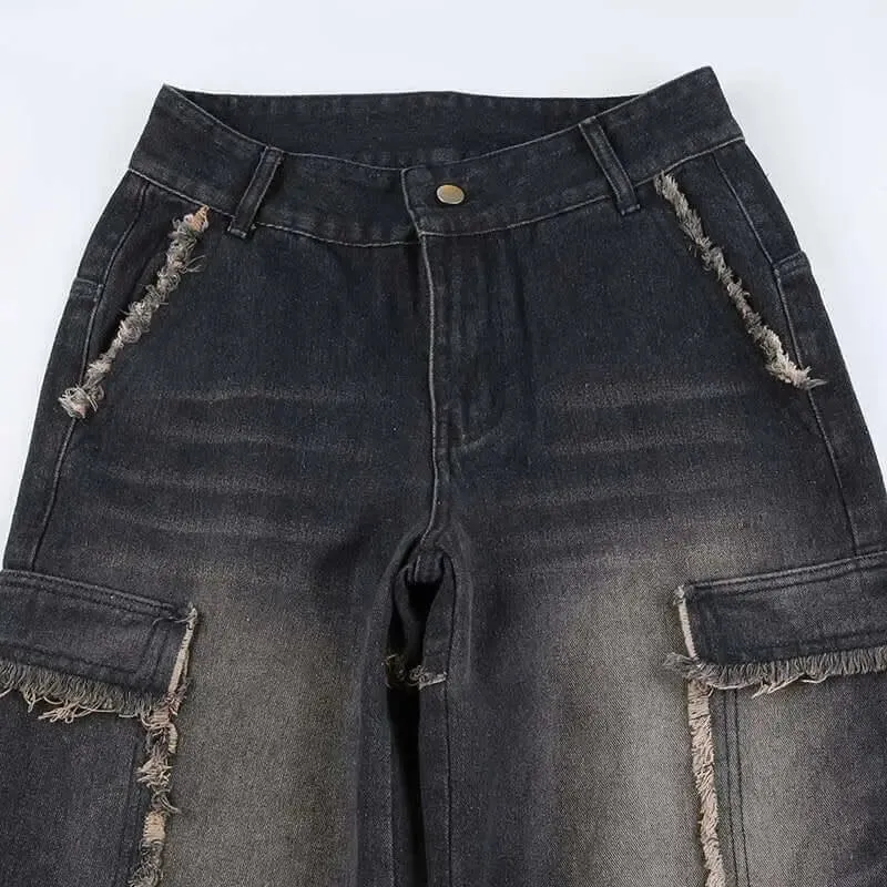 Distressed Denim Trousers. Fashionable Baggy Jeans