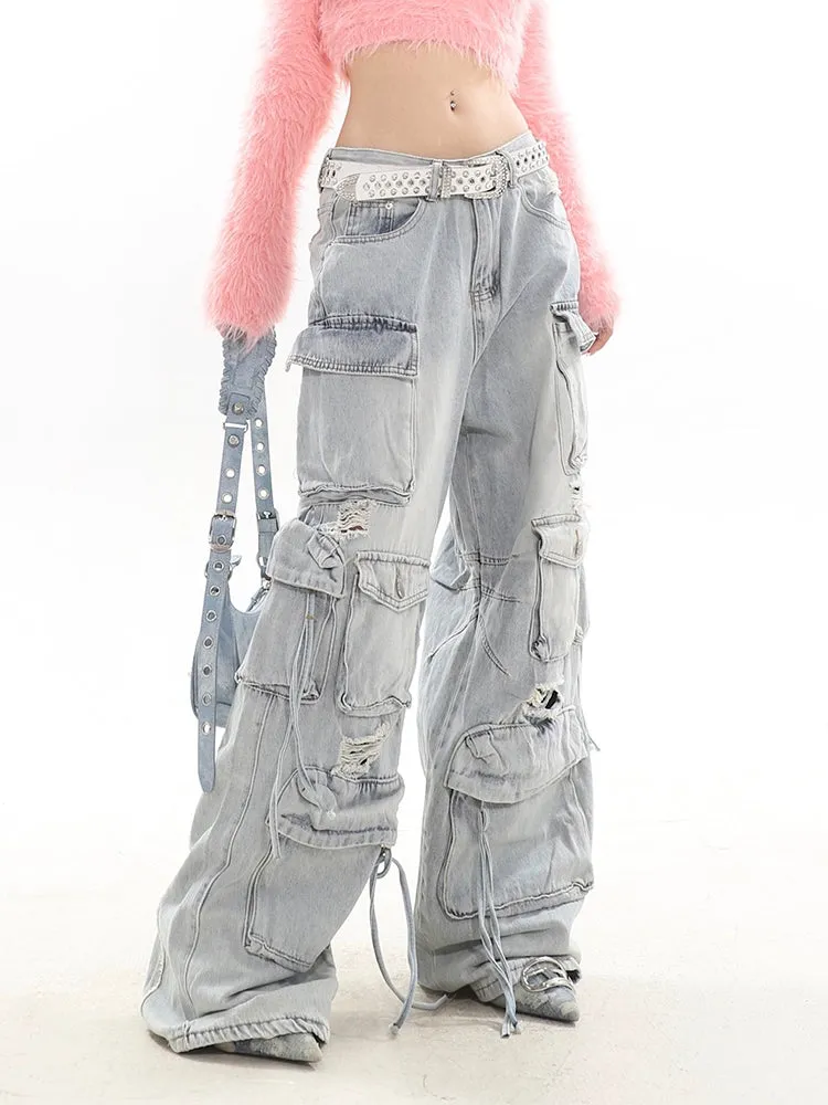 Distressed Wide-Leg Denim Cargo Jean Pants