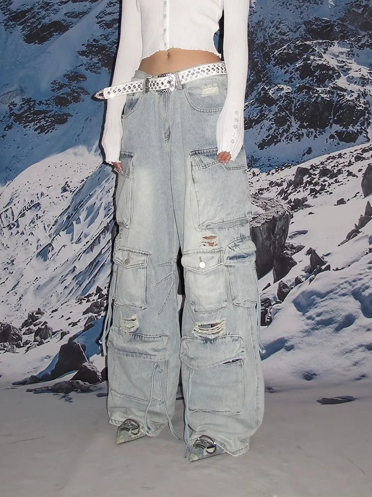 Distressed Wide-Leg Denim Cargo Jean Pants