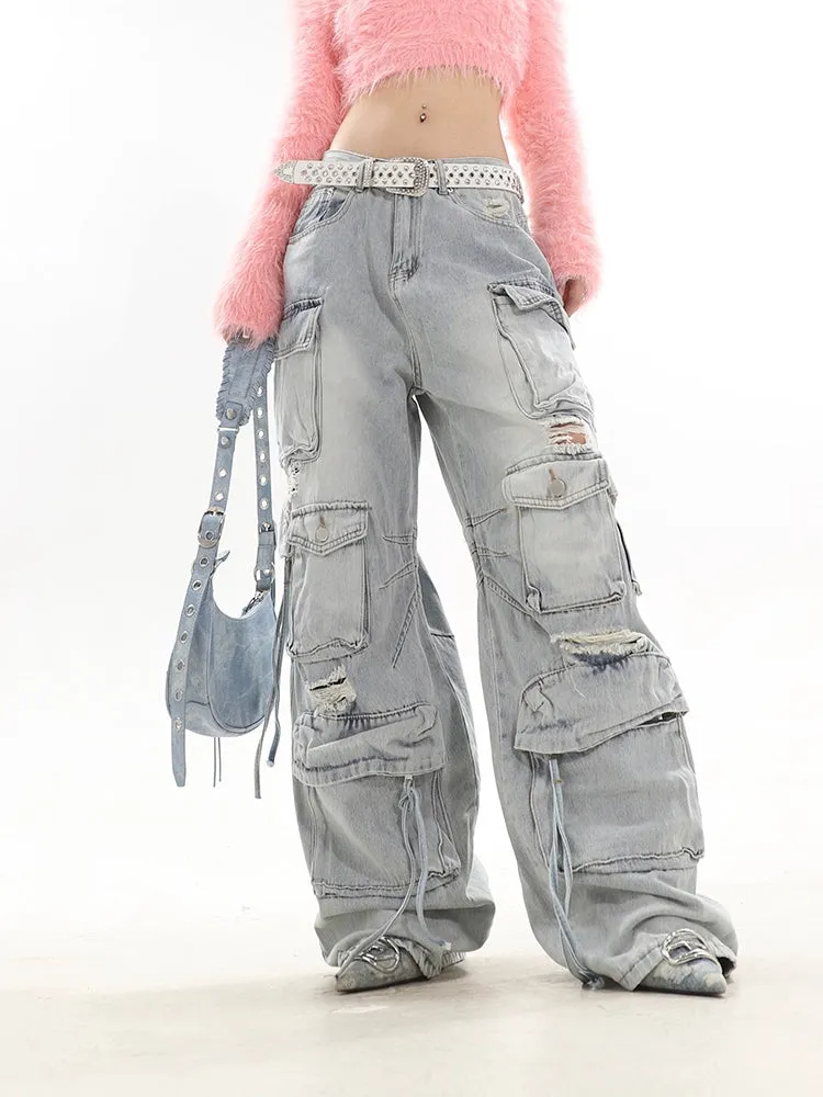 Distressed Wide-Leg Denim Cargo Jean Pants