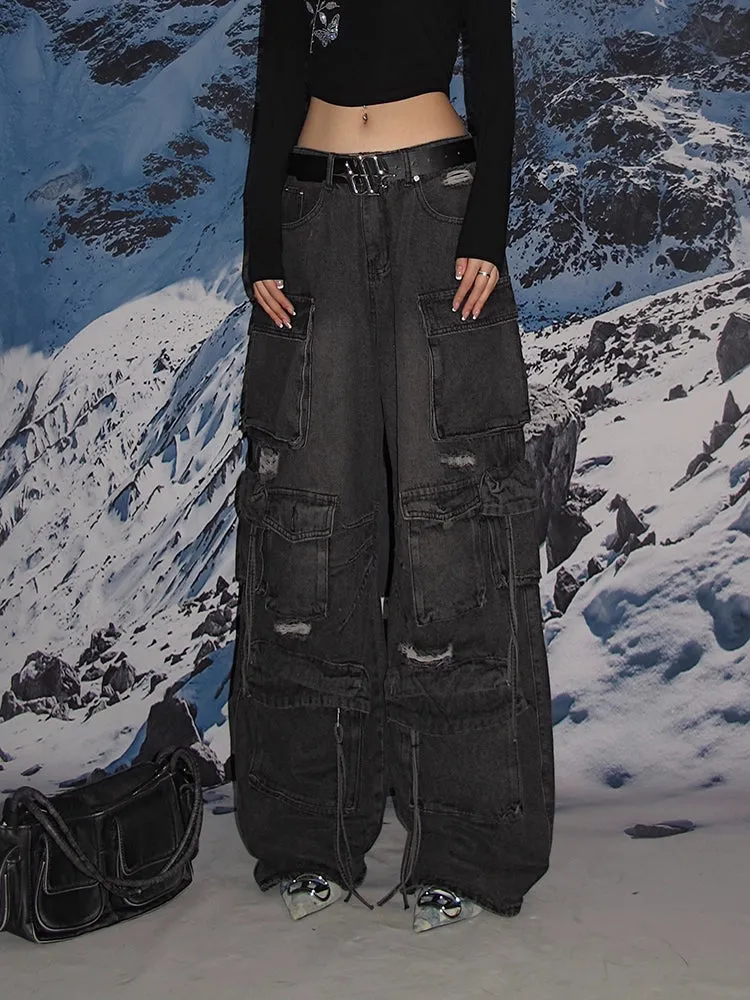 Distressed Wide-Leg Denim Cargo Jean Pants