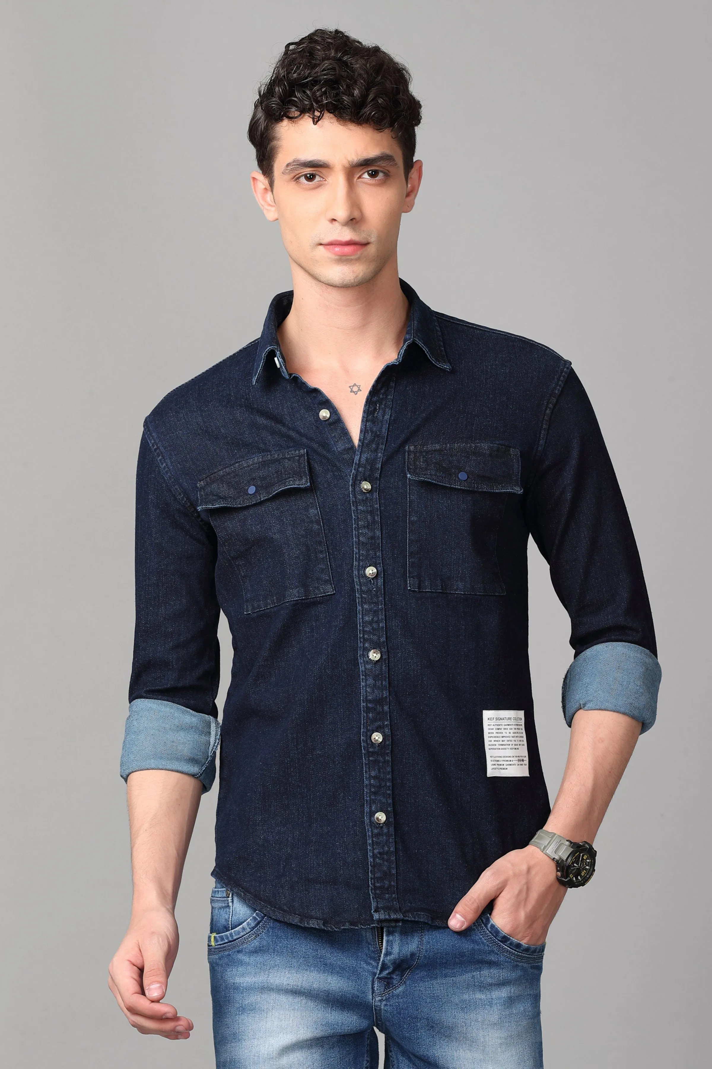 Double Pocket Dark Blue Denim Shirt