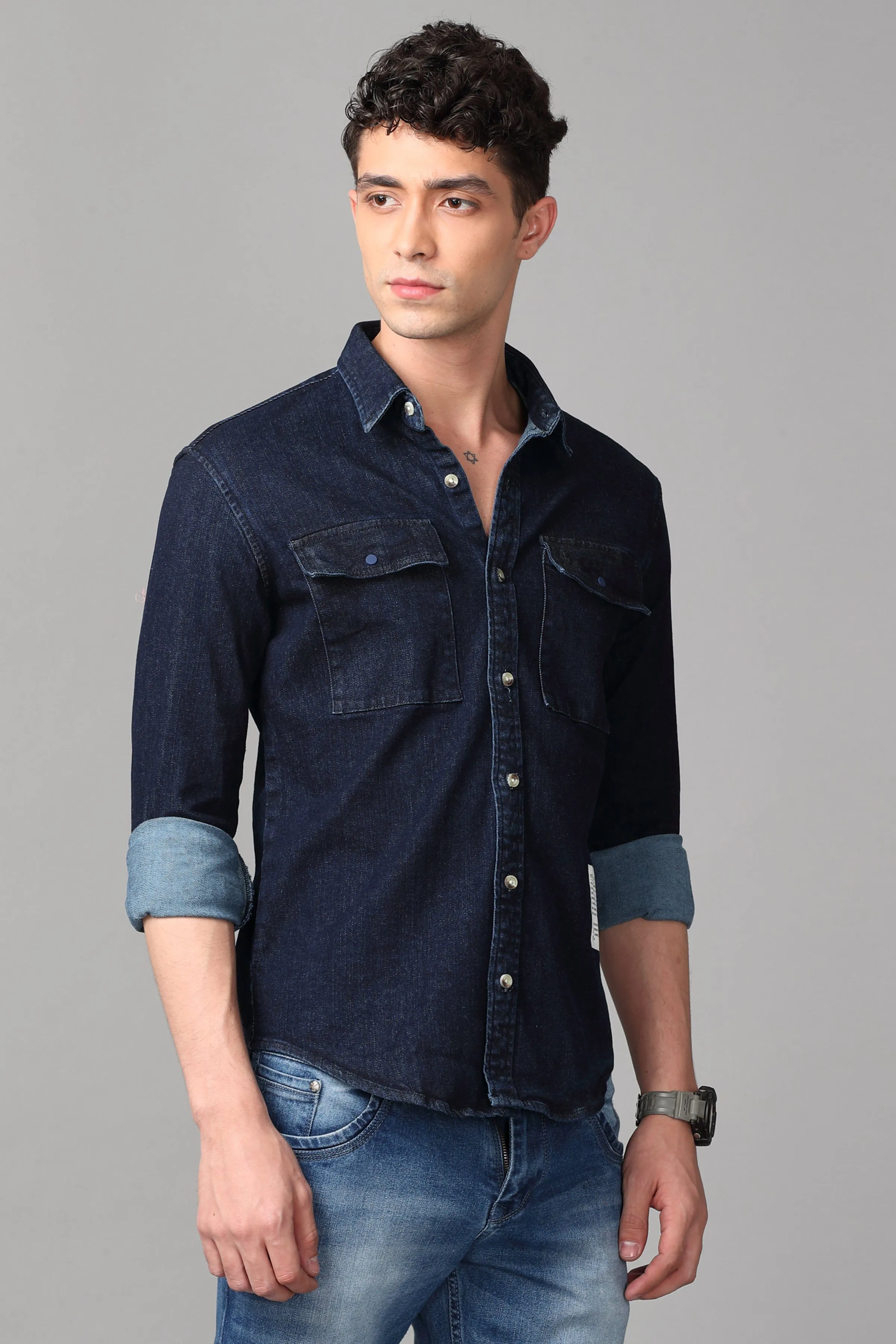 Double Pocket Dark Blue Denim Shirt