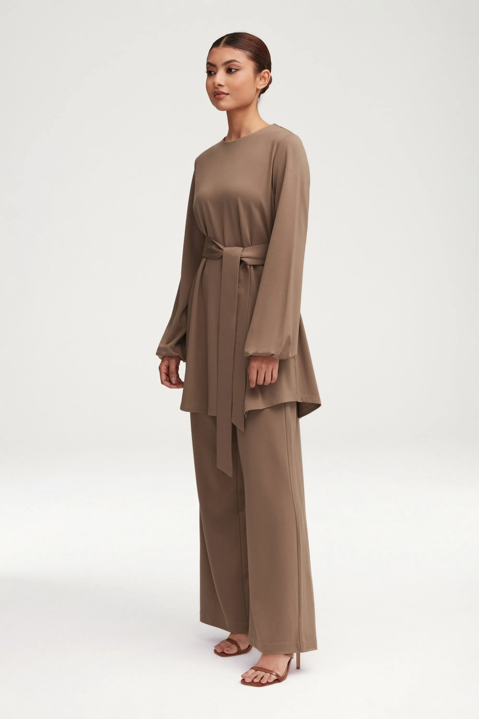 Fatima Everyday Wide Leg Jersey Pants - Dark Taupe