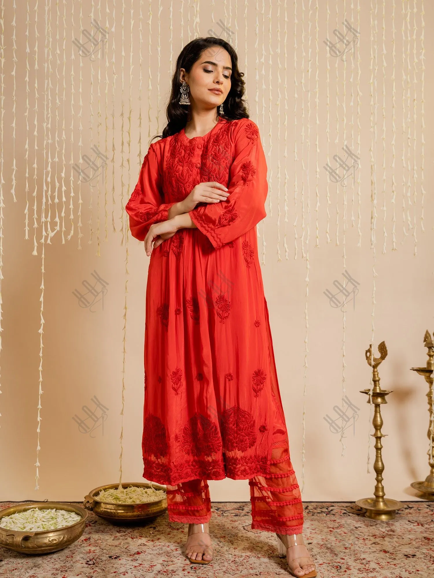 Fizaa Chikankari Crepe Silk Kurta for Women in Red Spraed Collar