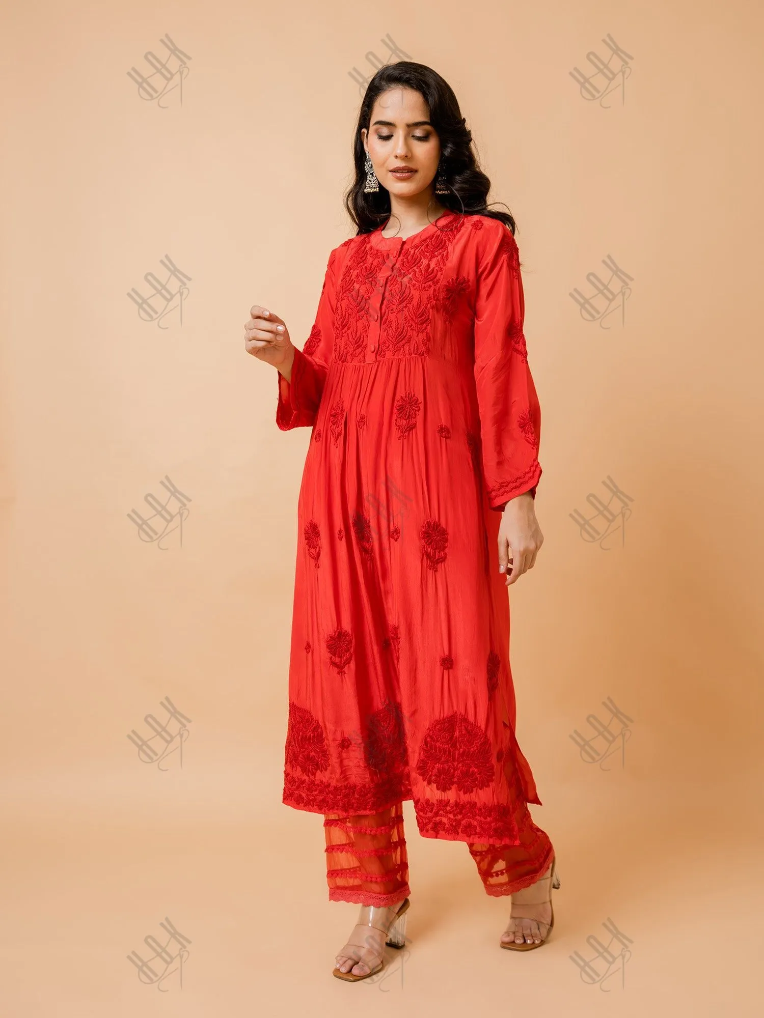 Fizaa Chikankari Crepe Silk Kurta for Women in Red Spraed Collar