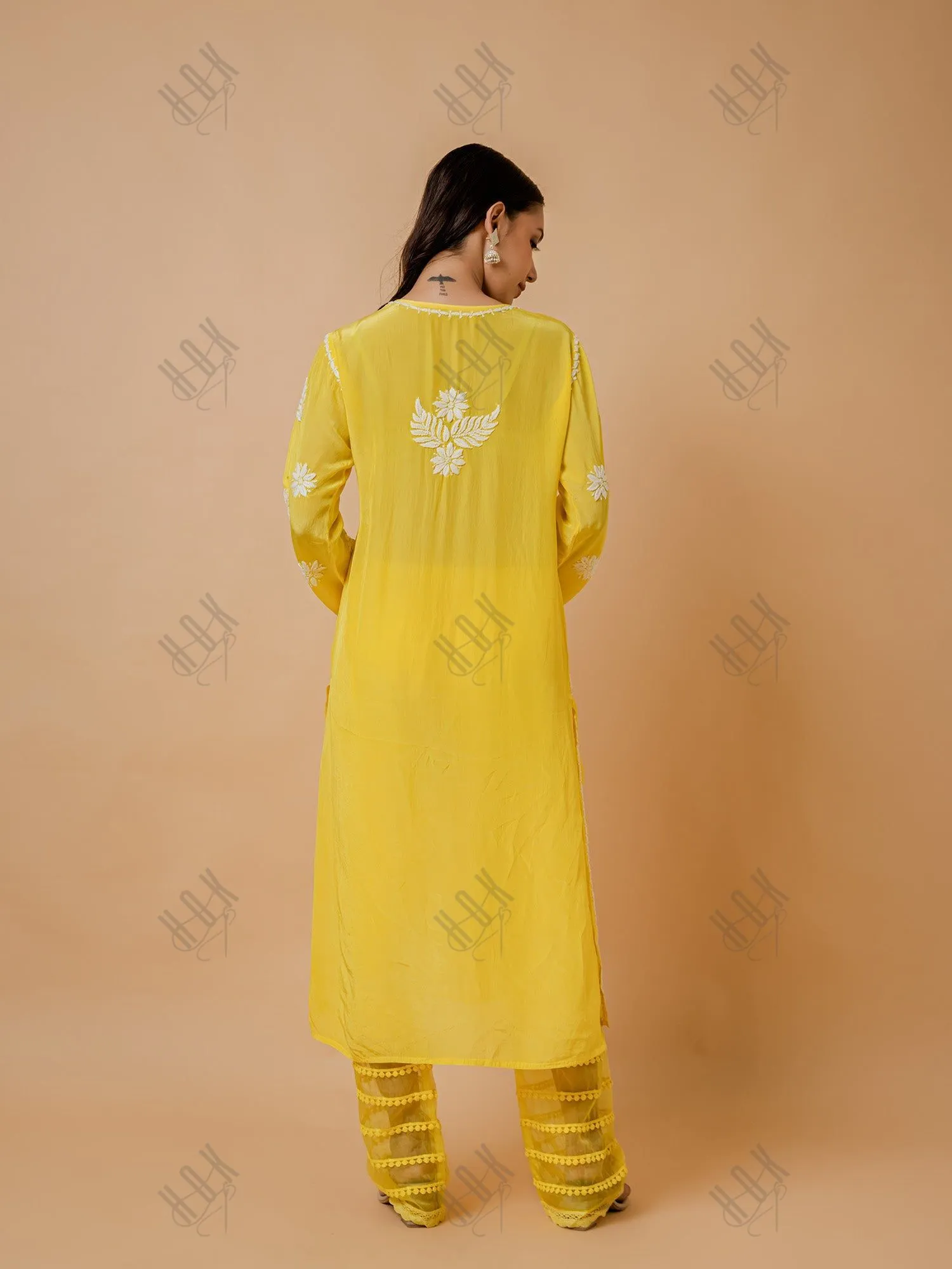 Fizaa Chikankari Crepe Silk Kurta for Women in Yellow Notch Neck