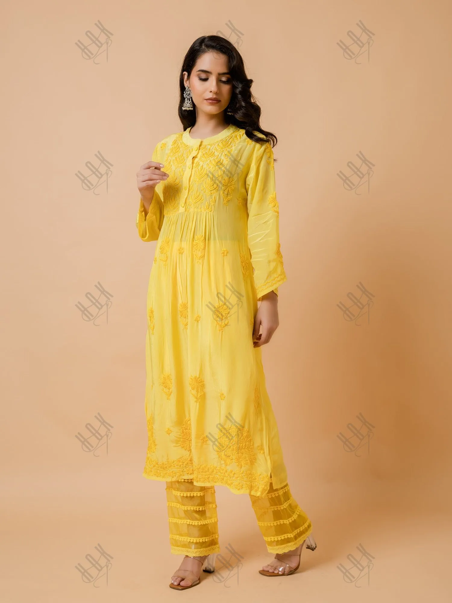 Fizaa Chikankari Crepe Silk Kurta Set for Women Yellow