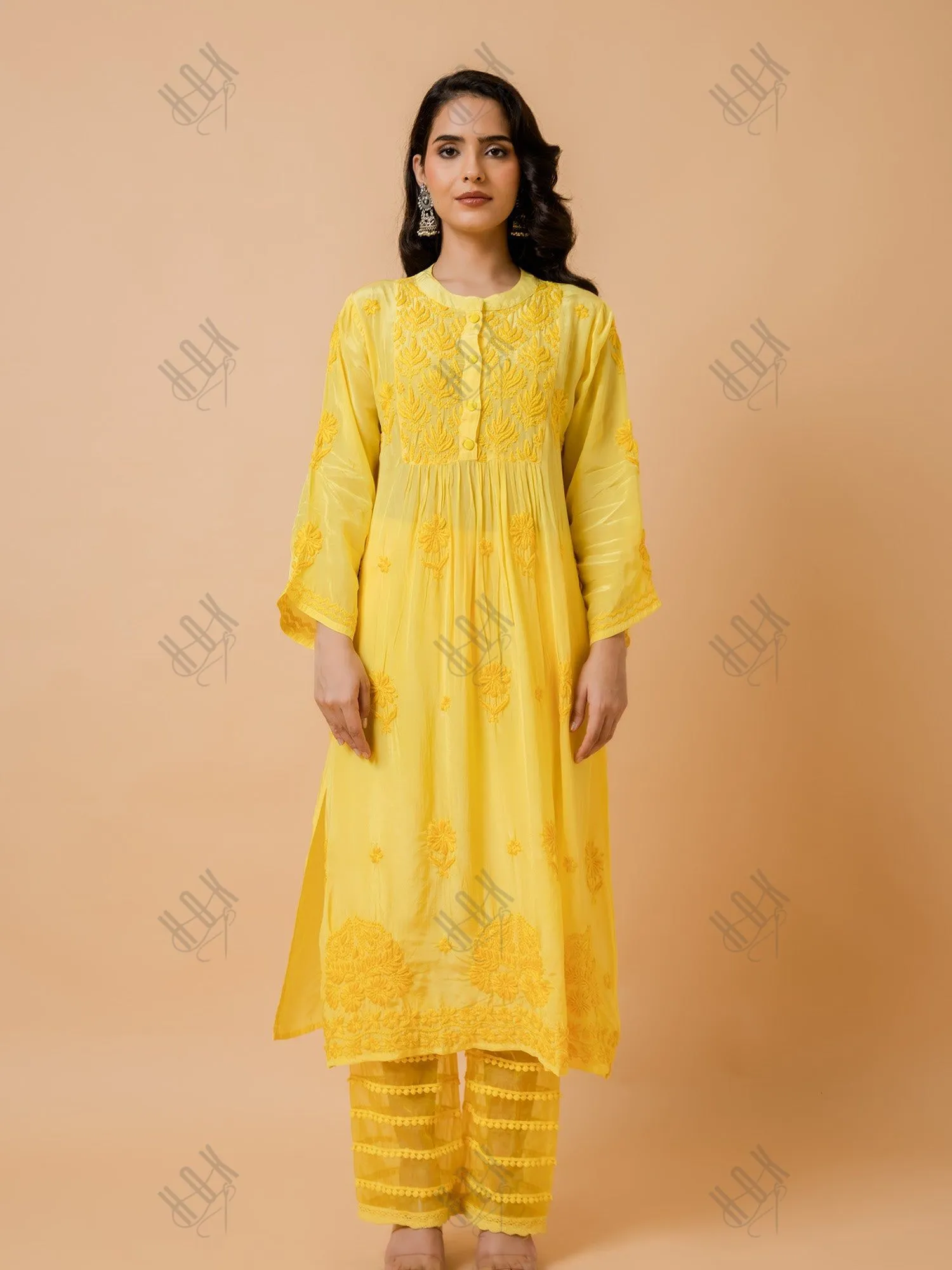 Fizaa Chikankari Crepe Silk Kurta Set for Women Yellow