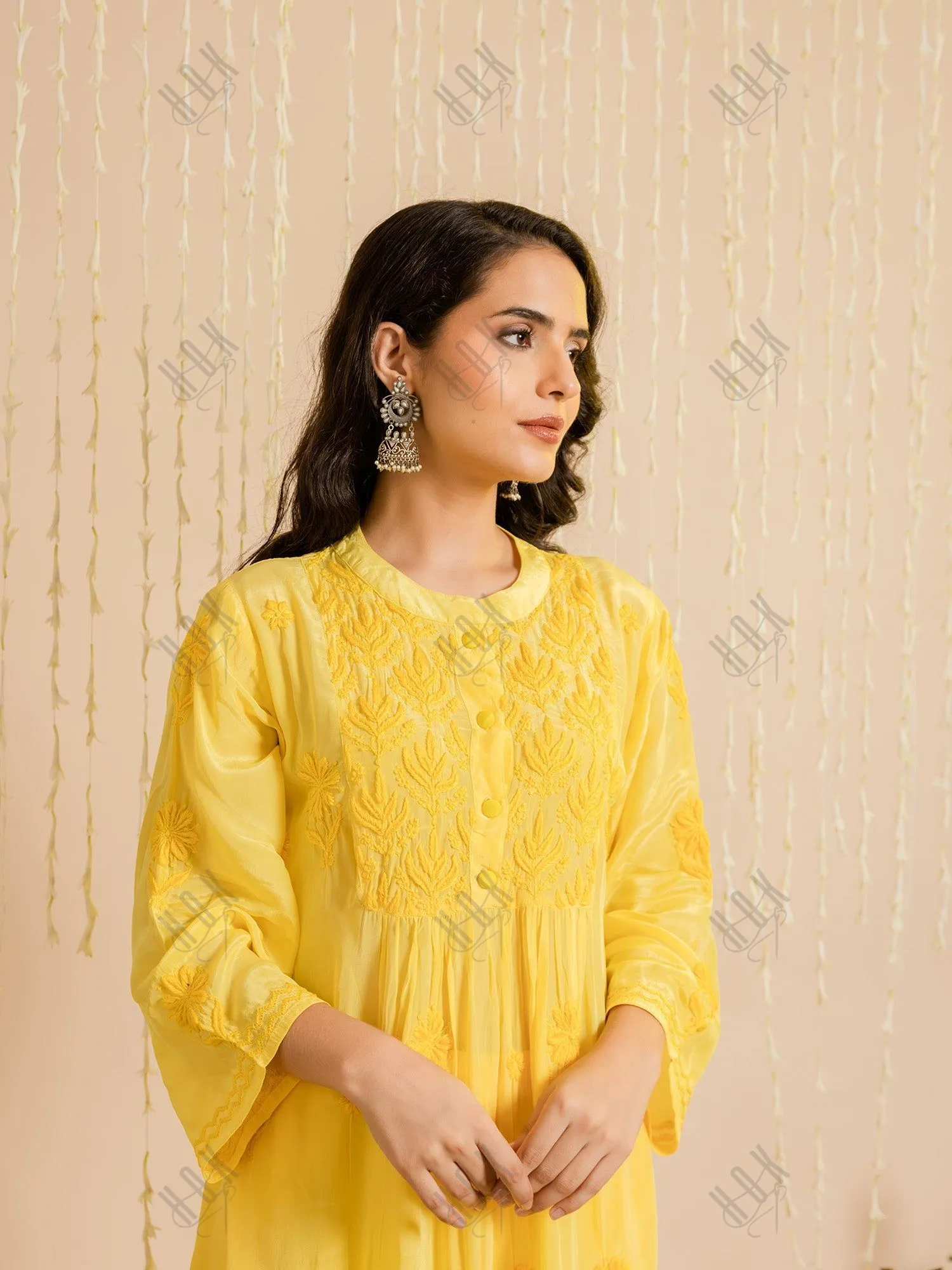 Fizaa Chikankari Crepe Silk Kurta Set for Women Yellow