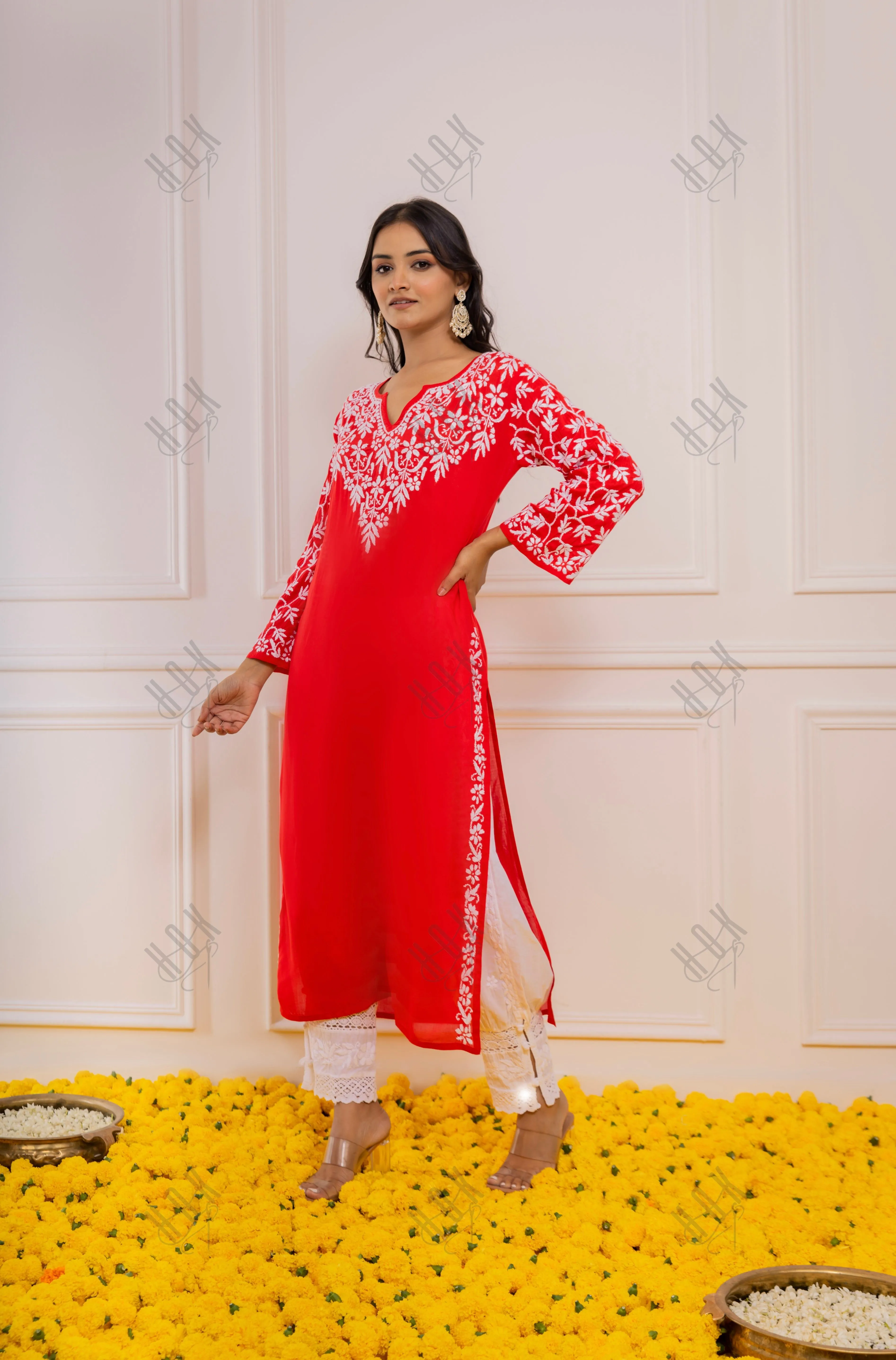 Fizaa Chikankari Radiant Red Modal Cotton Kurta