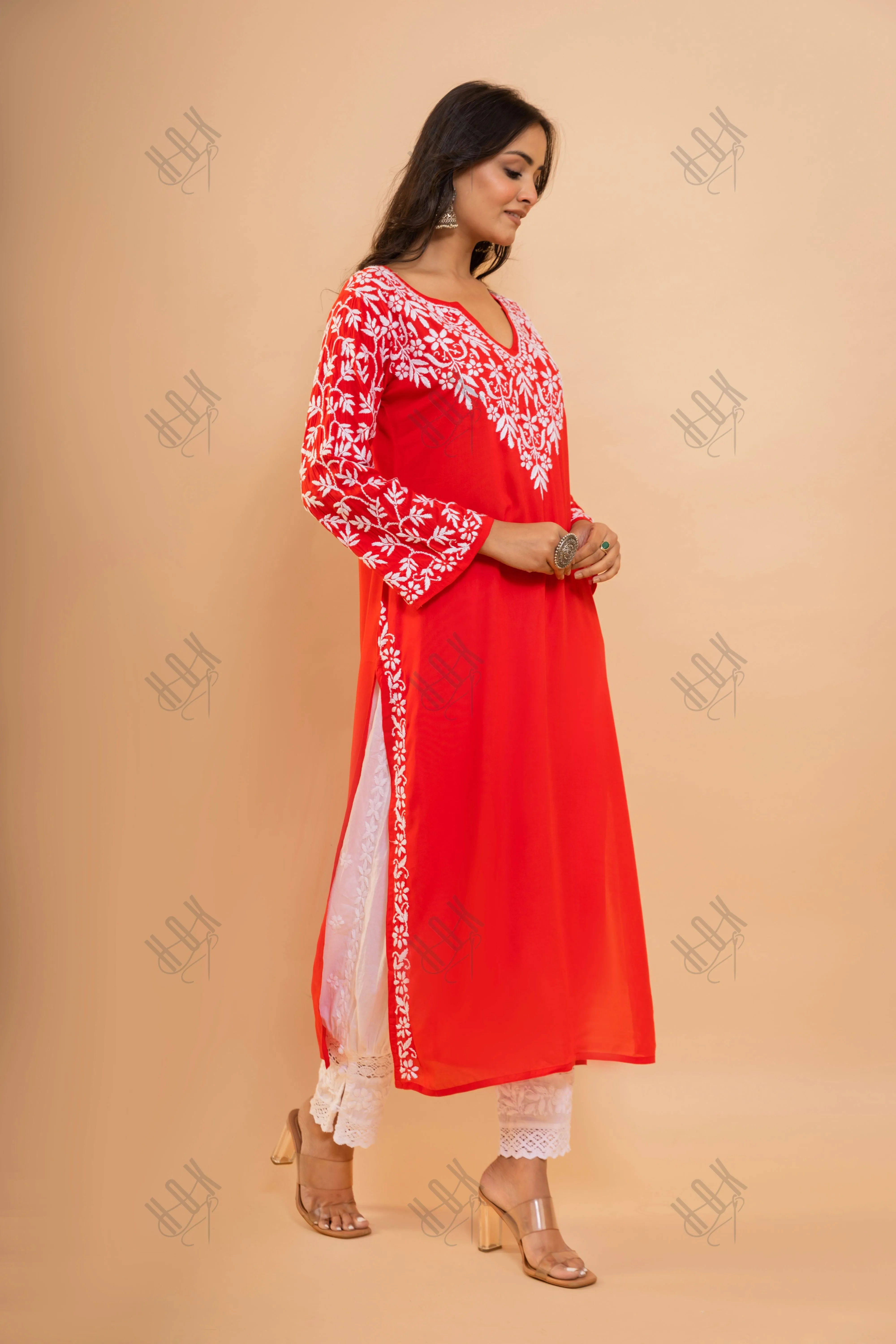 Fizaa Chikankari Radiant Red Modal Cotton Kurta