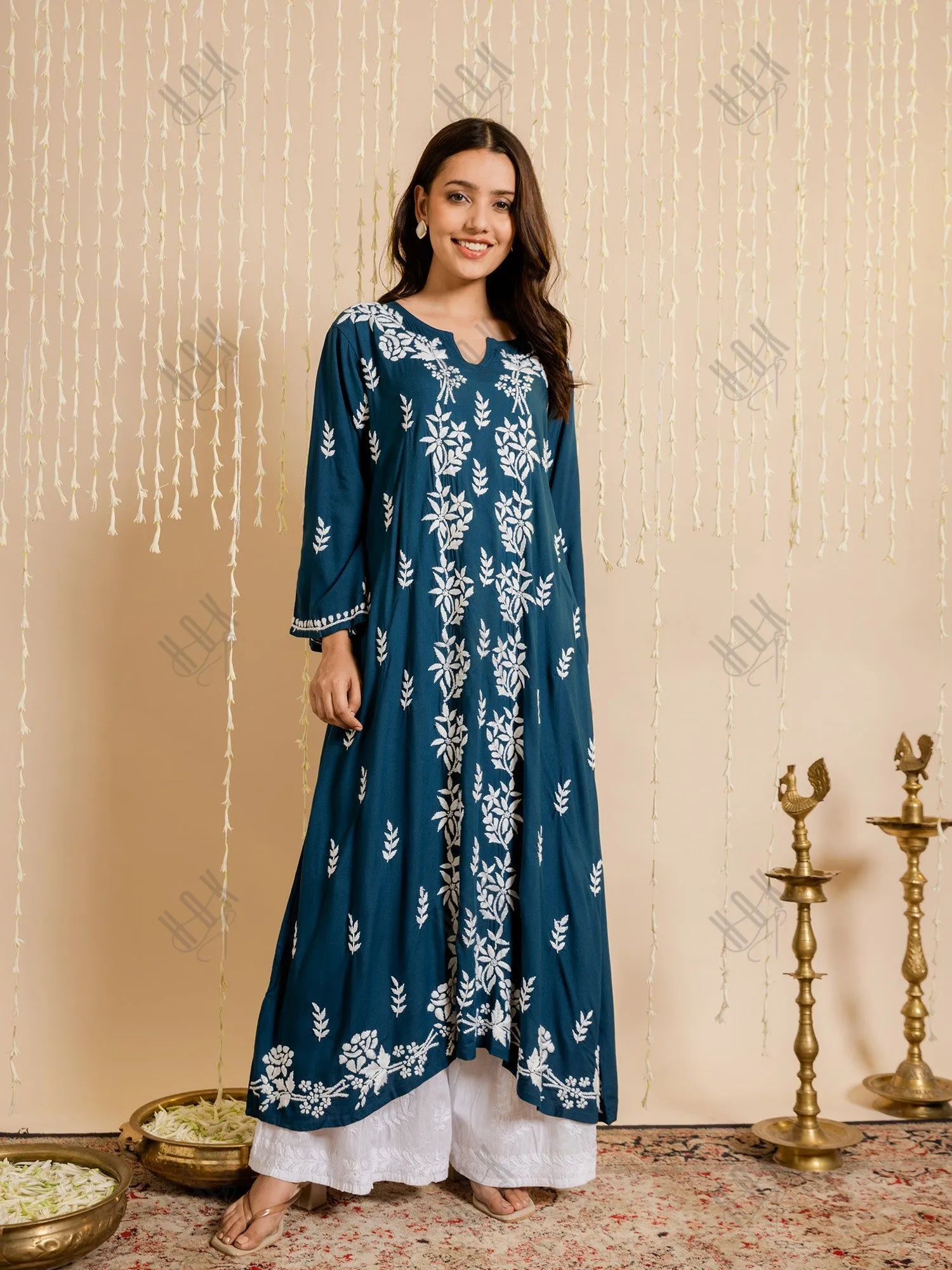 Fizaa Rayon Cotton Chikankari Kurta - Blue