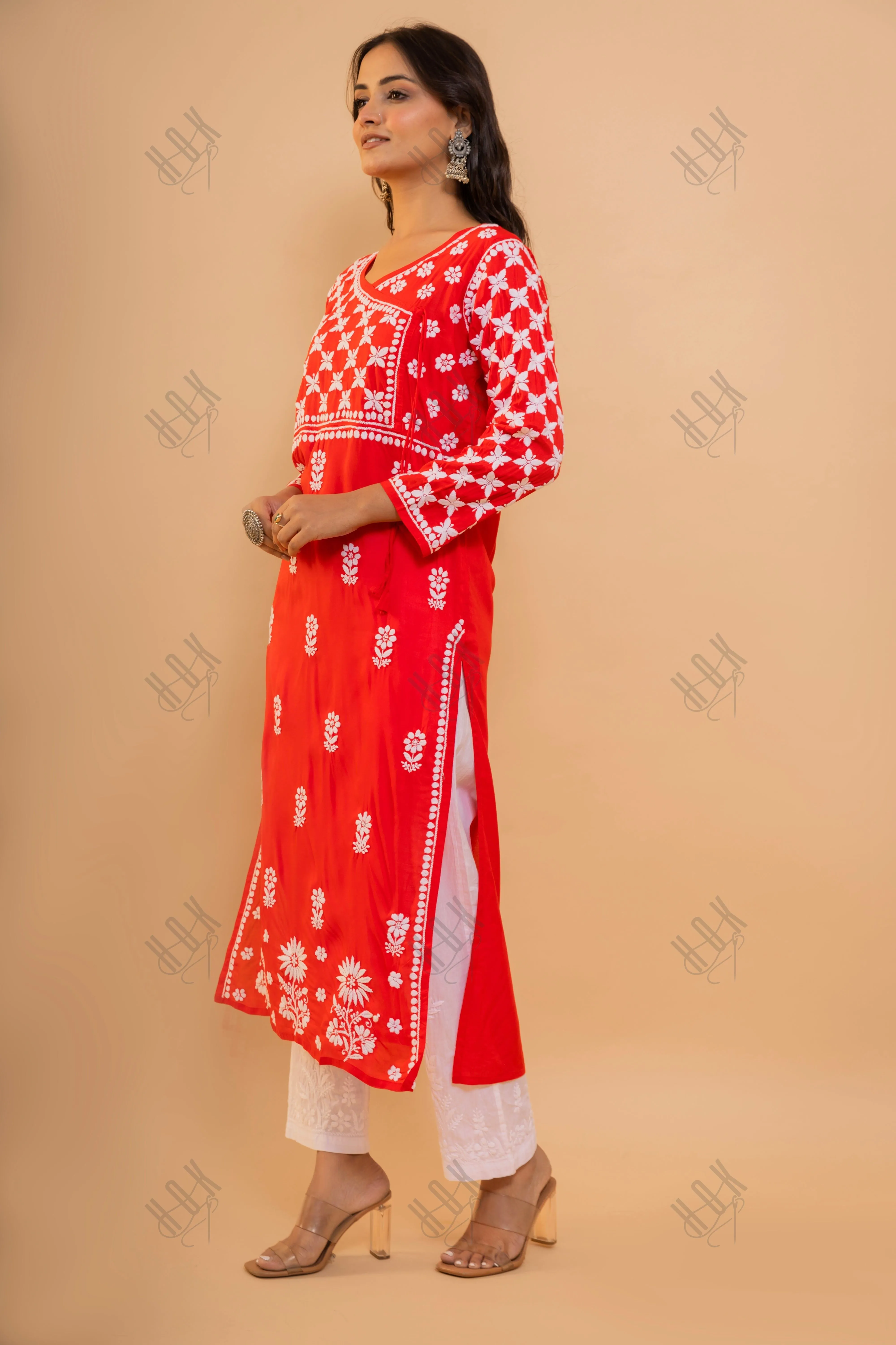 Fizaa Red Modal Angrakha Style Kurta in Modal Cotton